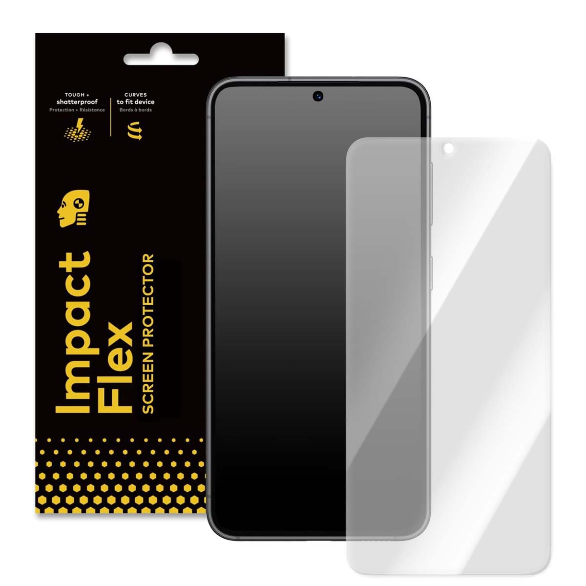 Een telefoonbeschermer en een telefoon worden weergegeven. De beschermer is transparant en de telefoon is zwart. Verpakking is ook zichtbaar.