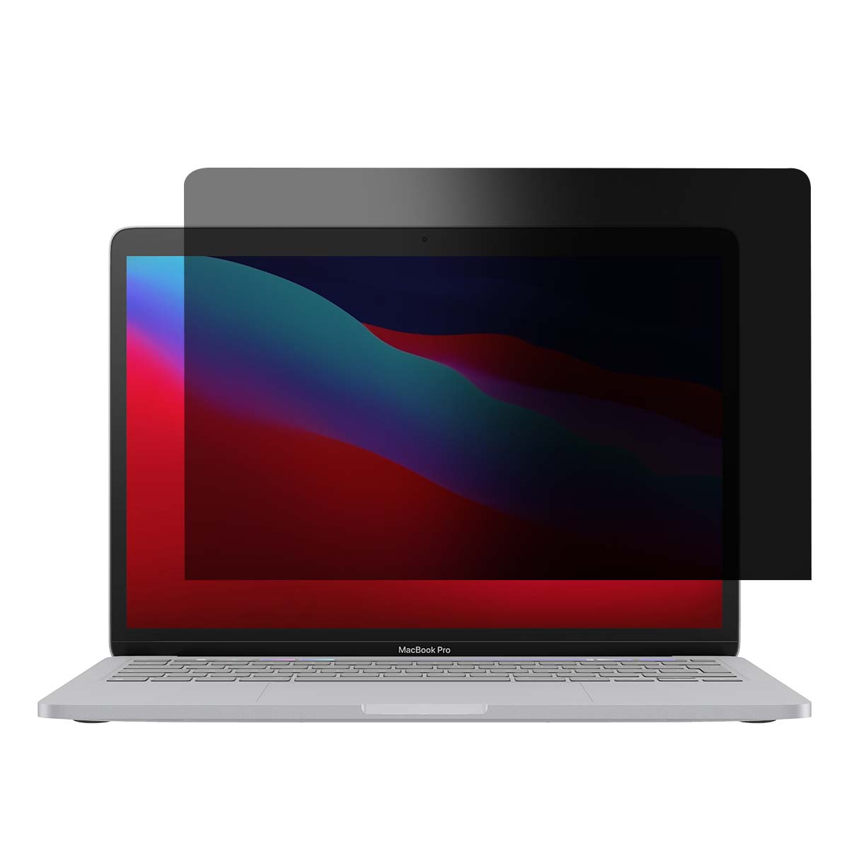 Ein silbernes MacBook Pro mit Displayschutzfolie. Der Bildschirm zeigt einen bunten Hintergrund. Der Schutz ist schwarz und bedeckt den Bildschirm teilweise.