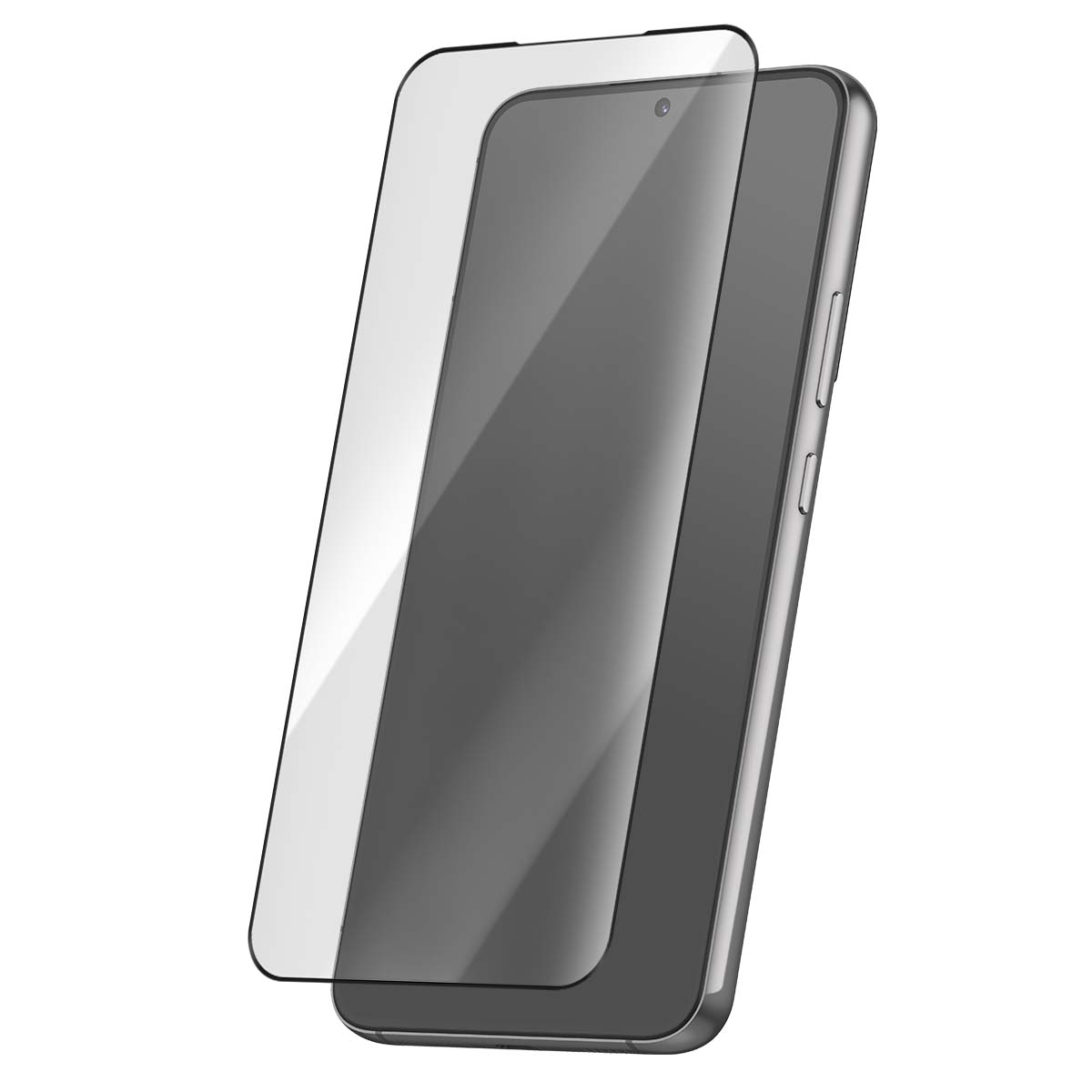 Uno smartphone con protezione schermo. Il telefono è argentato e la protezione trasparente. Il telefono è angolato.