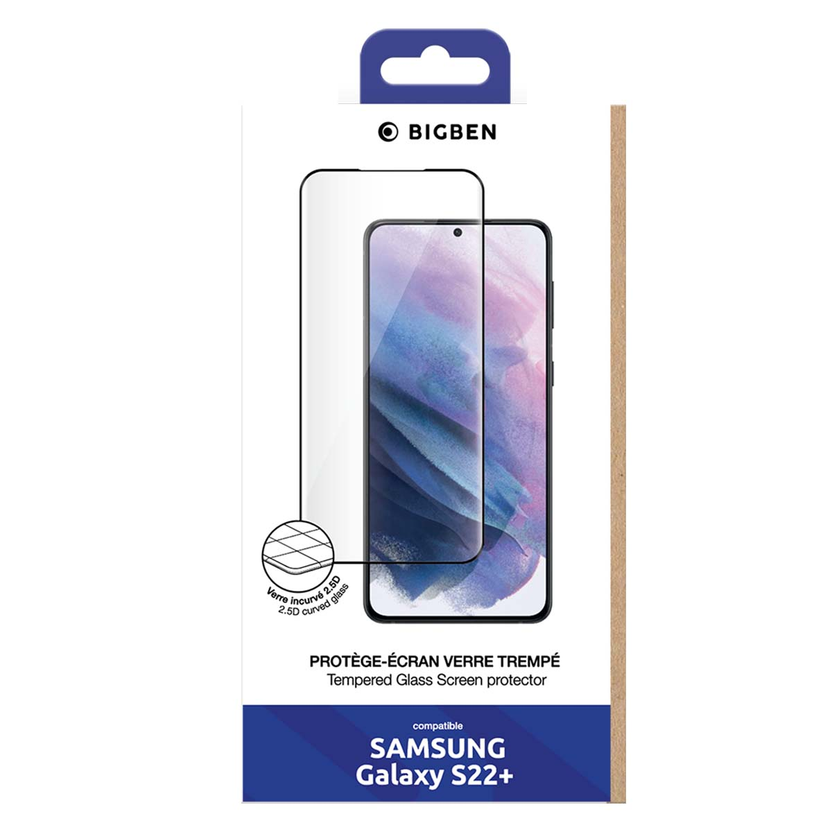Una scatola di protezione per lo schermo del telefono. Mostra un telefono con una protezione per lo schermo. Marchio Bigben, compatibile con Samsung Galaxy S22+.