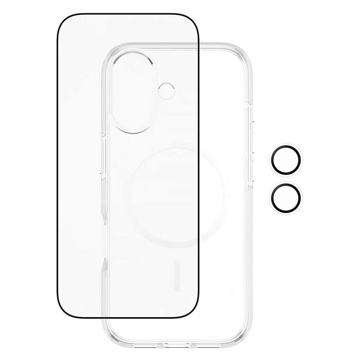 Coque de téléphone transparente et protecteur d'écran. Deux cercles noirs sont visibles. Le boîtier a des contours noirs.