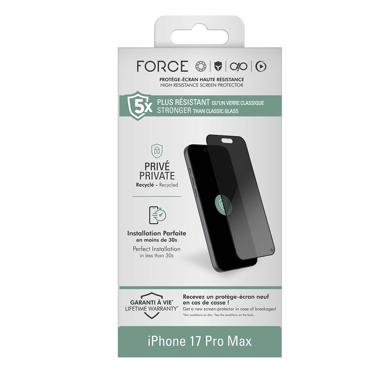 Scatola di protezione schermo per telefono. Mostra la protezione e le caratteristiche come privacy e resistenza. Per iPhone 17 Pro Max.