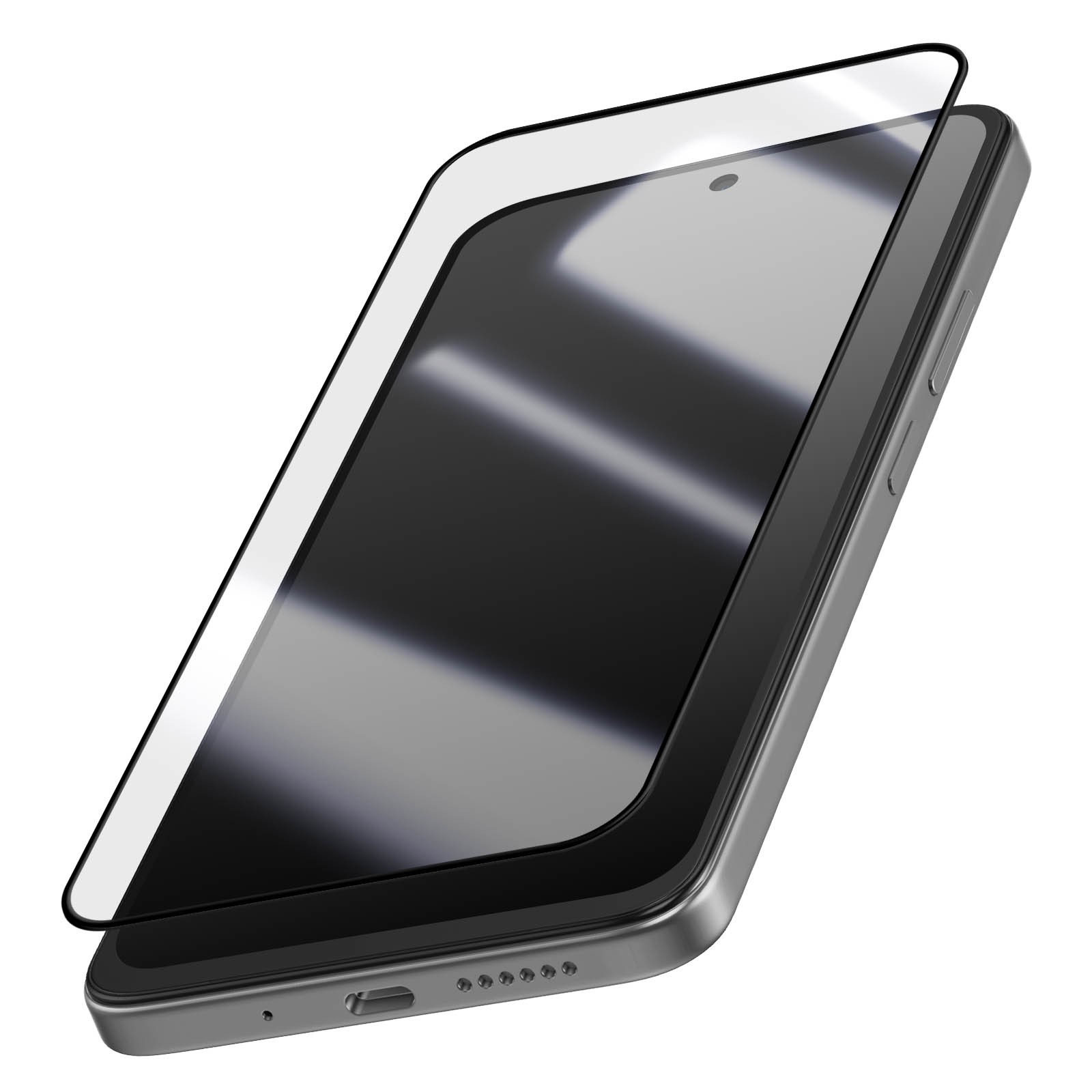 Uno smartphone con protezione schermo. Lo schermo è nero e riflettente. Il telefono è argento.