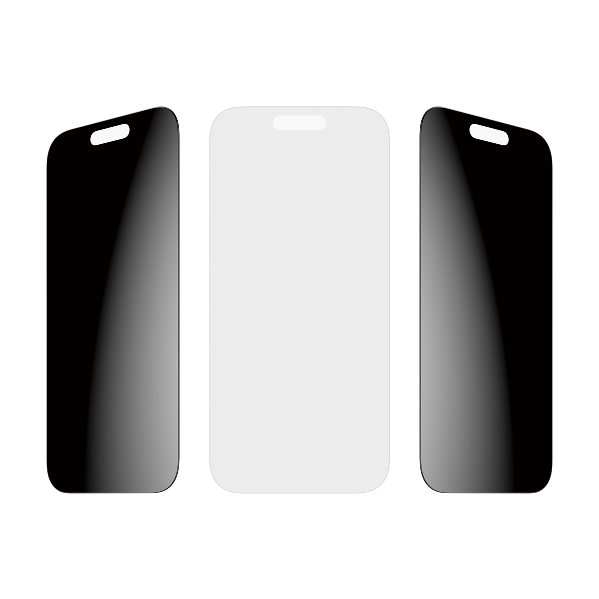 Drie smartphone screenprotectors. Eén heldere, gecentreerd, en twee zwarte aan de zijkanten. Allemaal hebben ze een inkeping aan de bovenkant.