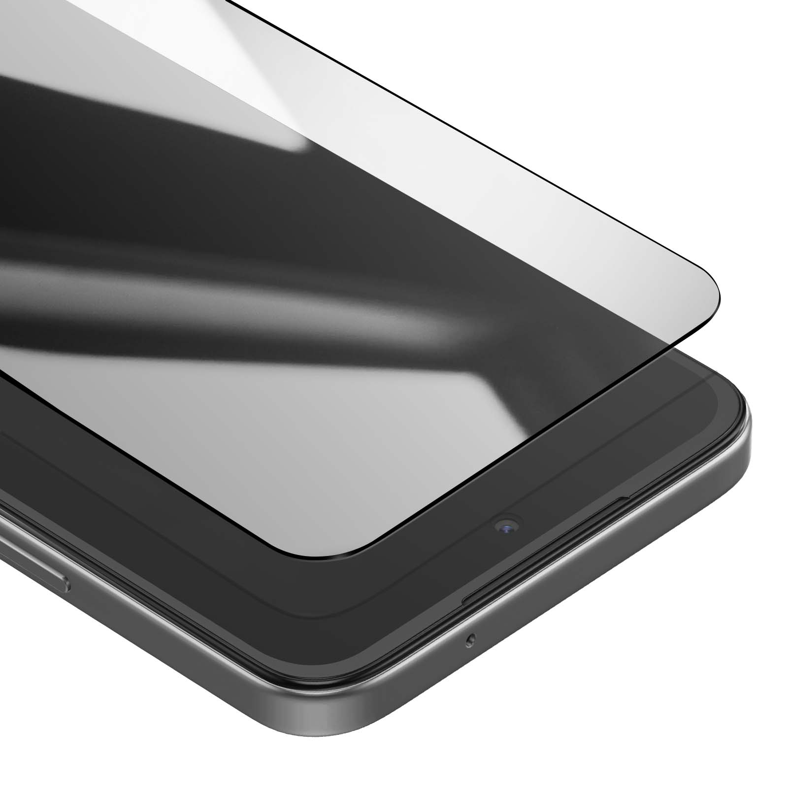 Un tablet con una protezione per lo schermo. La protezione è leggermente rialzata, riflettendo la luce. Cornice grigia del tablet.