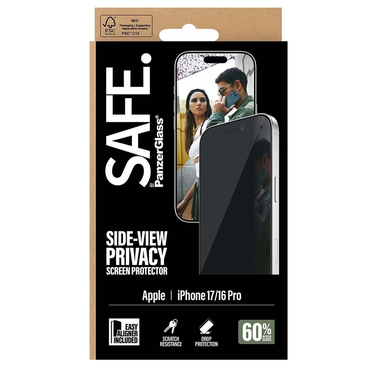 Verpakking voor een schermbeschermer. Toont een telefoonscherm met mensen die erin weerspiegeld worden. De tekst 'SAFE' en 'SIDE-VIEW PRIVACY'.