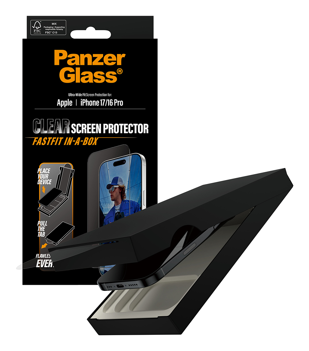 İçinde bir iPhone bulunan bir PanzerGlass ekran koruyucu kutusu. Kutu siyahtır ve telefon görüntülenir. Metin 'Clear Screen Protector' içerir.
