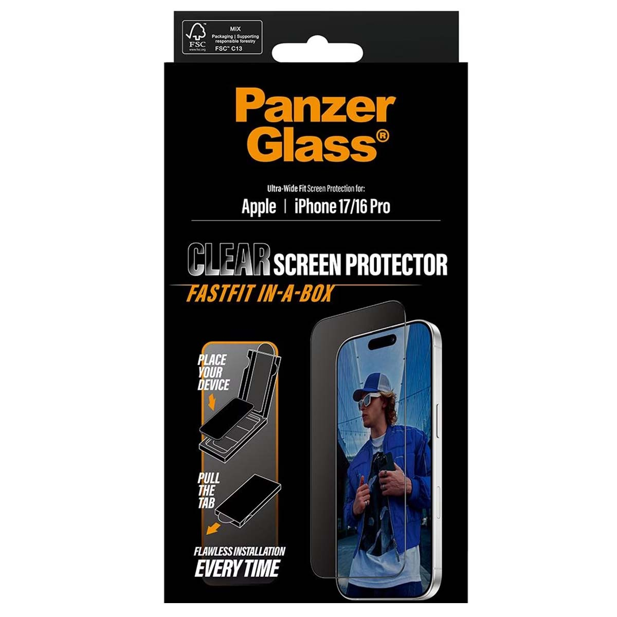 Panzer Glass ekran koruyucu ambalajı. Ürünü, bir iPhone'u ve kurulum talimatlarını gösterir.