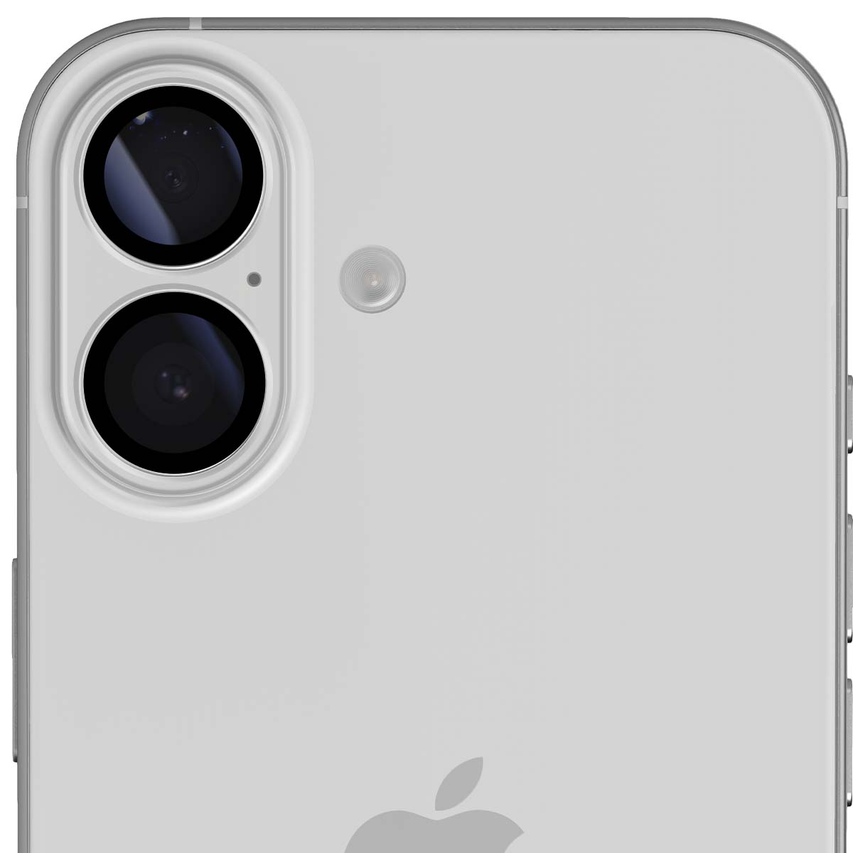 Close-up van de achterkant van een witte telefoon. Het heeft twee cameralenzen, een flitser en een Apple-logo. De zijkant heeft knoppen.
