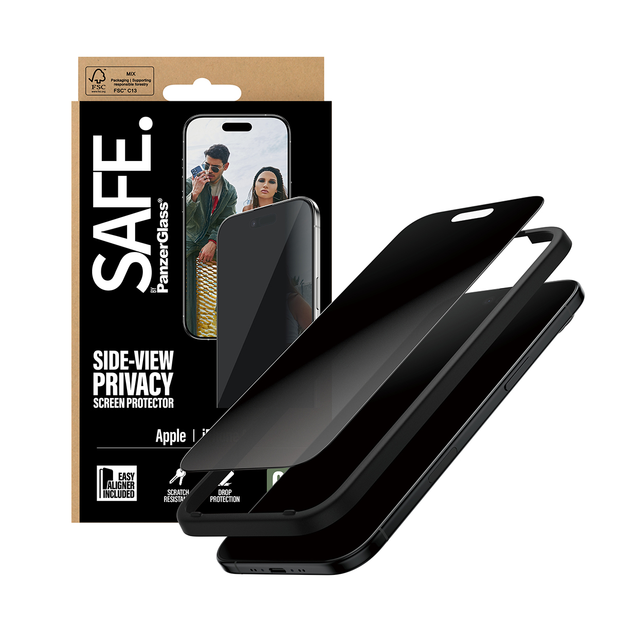 L'image montre une boîte de protection d'écran de téléphone et des protections. La boîte a une image d'un téléphone avec des personnes. Les protections sont noires.