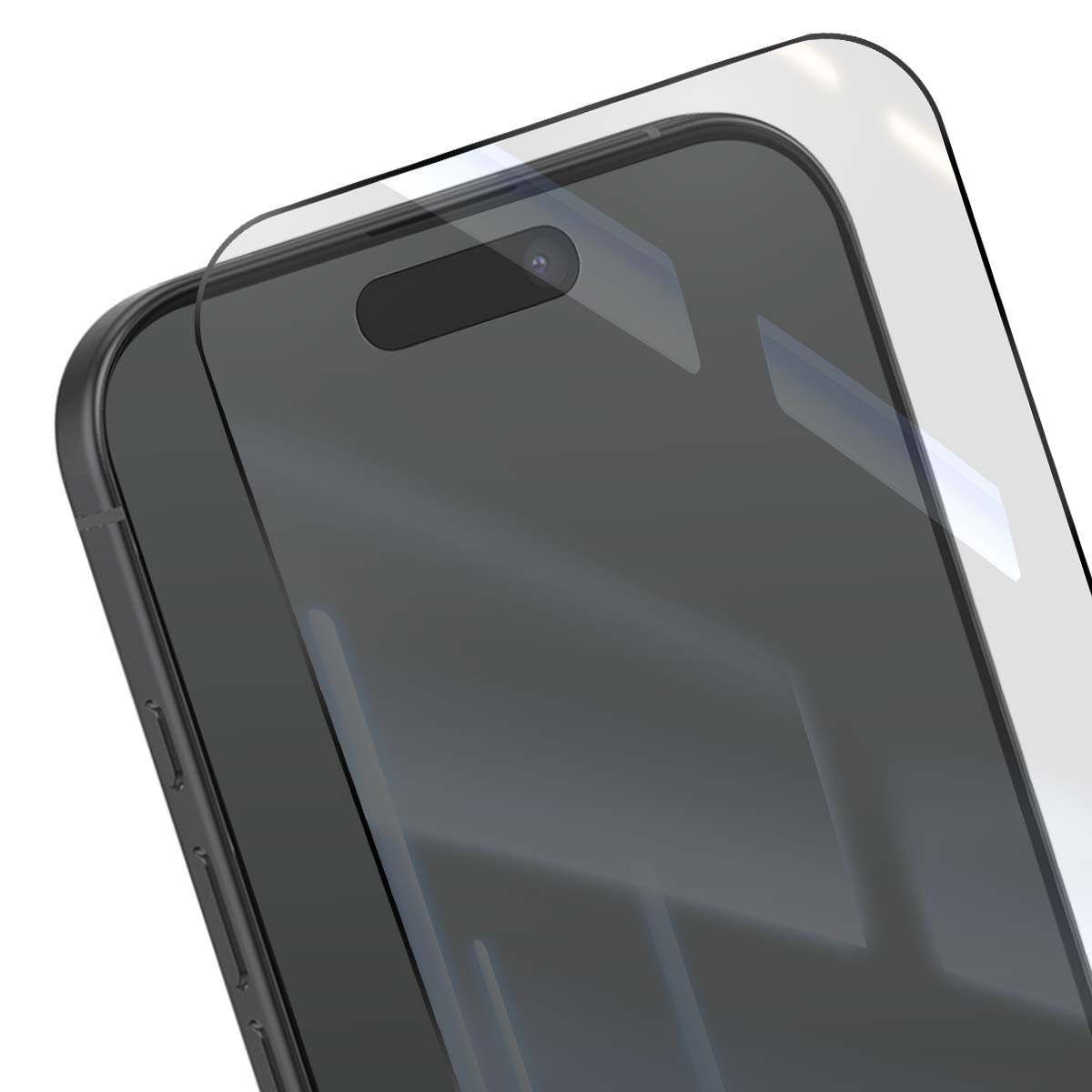 Ekran koruyuculu siyah bir akıllı telefonun yakın çekimi. Ekranda bir kamera ve sensörler var. Koruyucu şeffaf.