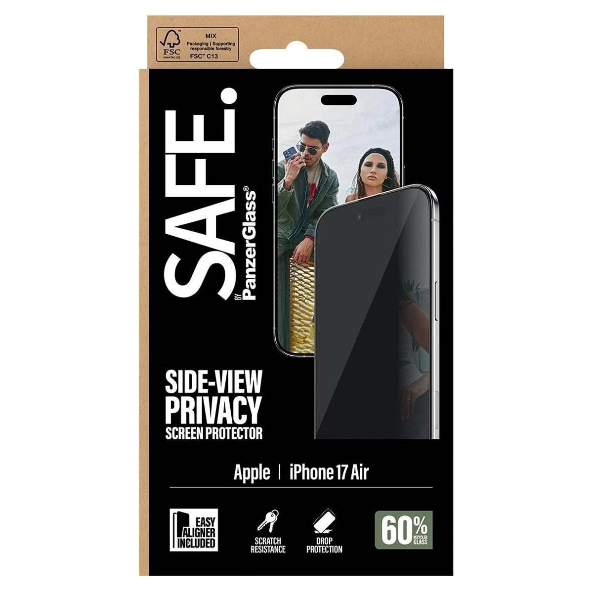 Emballage pour protecteur d'écran iPhone 17 Air. Il présente la marque SAFE et les détails du produit. Une photo d'un couple est sur l'écran.