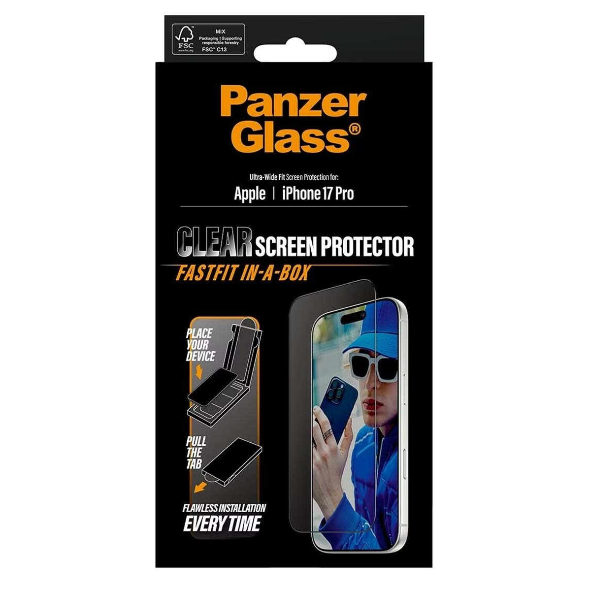 iPhone 17 Pro görüntüsü, şeffaf ekran koruyucu ve talimatlarla PanzerGlass ekran koruyucu kutusu.