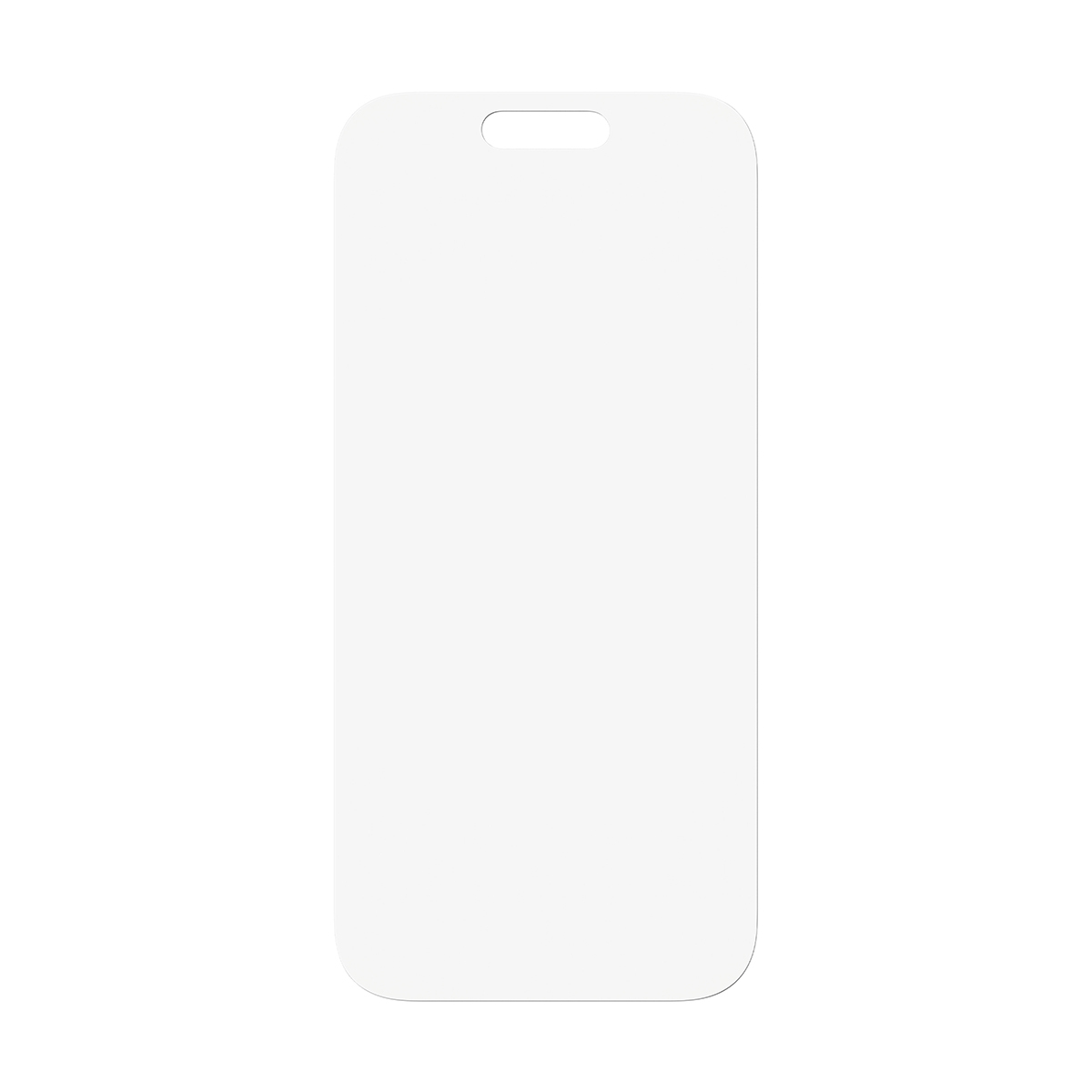 Un protecteur d'écran de téléphone blanc et rectangulaire avec des coins arrondis et une petite découpe en haut pour la caméra.