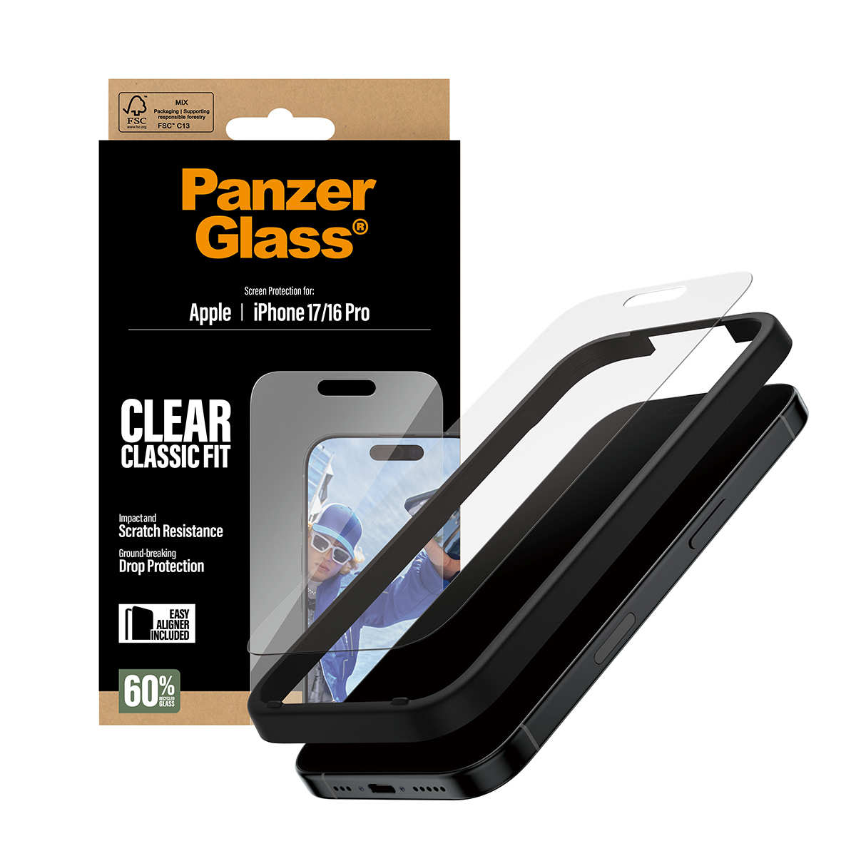 Une boîte de protection d'écran de téléphone et un téléphone. La boîte est noire avec du texte orange. Le téléphone est noir et le protecteur est clair.