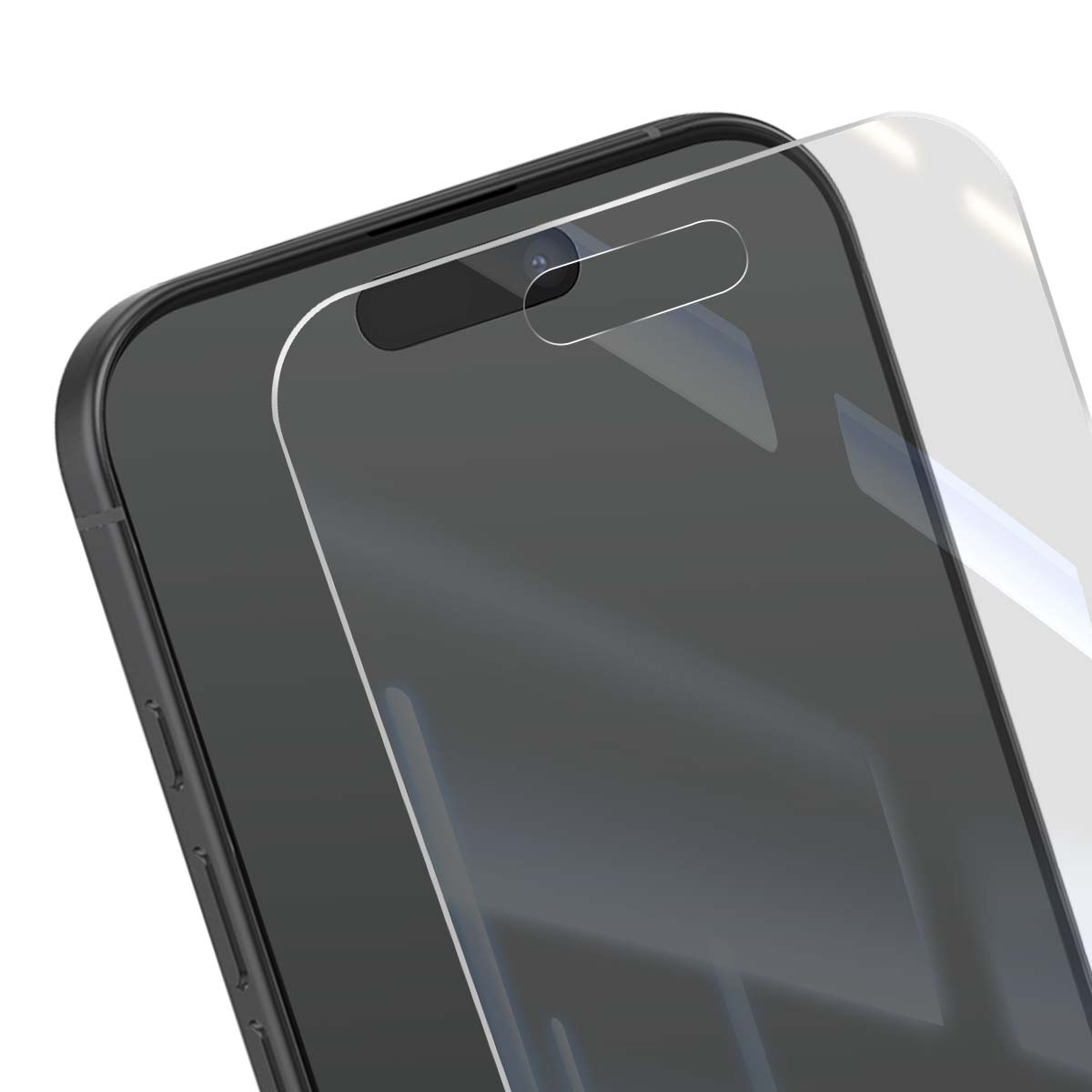 Gros plan d'un smartphone avec un protecteur d'écran appliqué. Le téléphone est noir, avec un protecteur d'écran transparent superposé.
