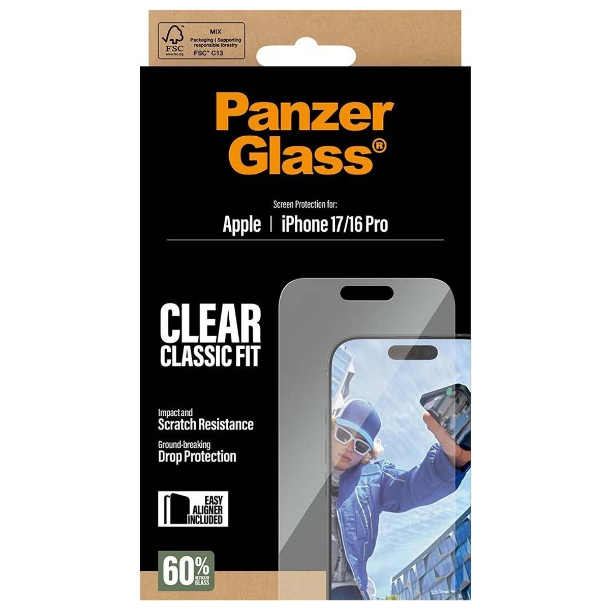 Boîte de protection d'écran Panzer Glass. Texte : Clear Classic Fit, pour Apple iPhone 17/16 Pro. Caractéristiques : impact, résistance aux rayures.