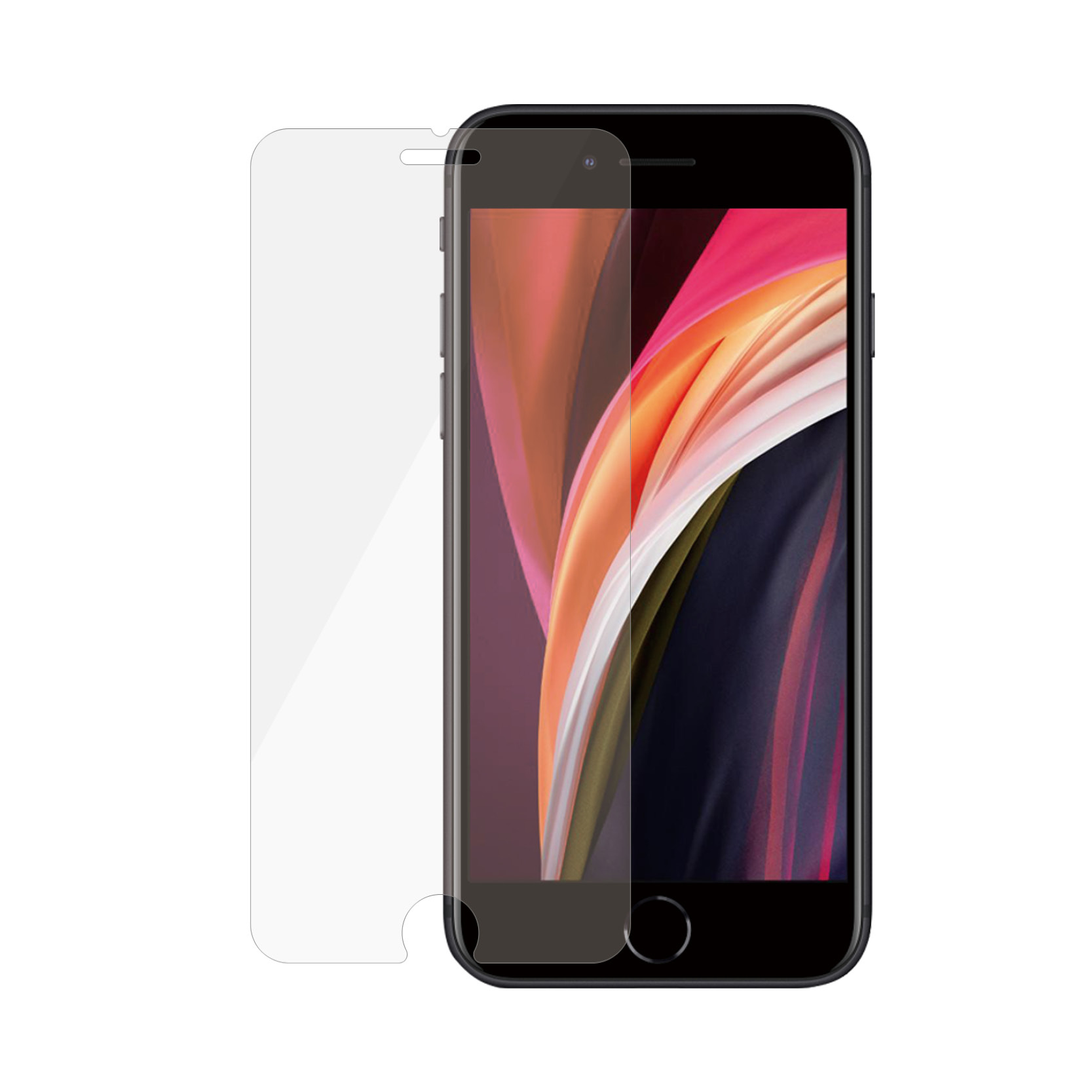 Czarny smartfon z nałożonym ochraniaczem ekranu. Ekran wyświetla kolorową sztukę abstrakcyjną.