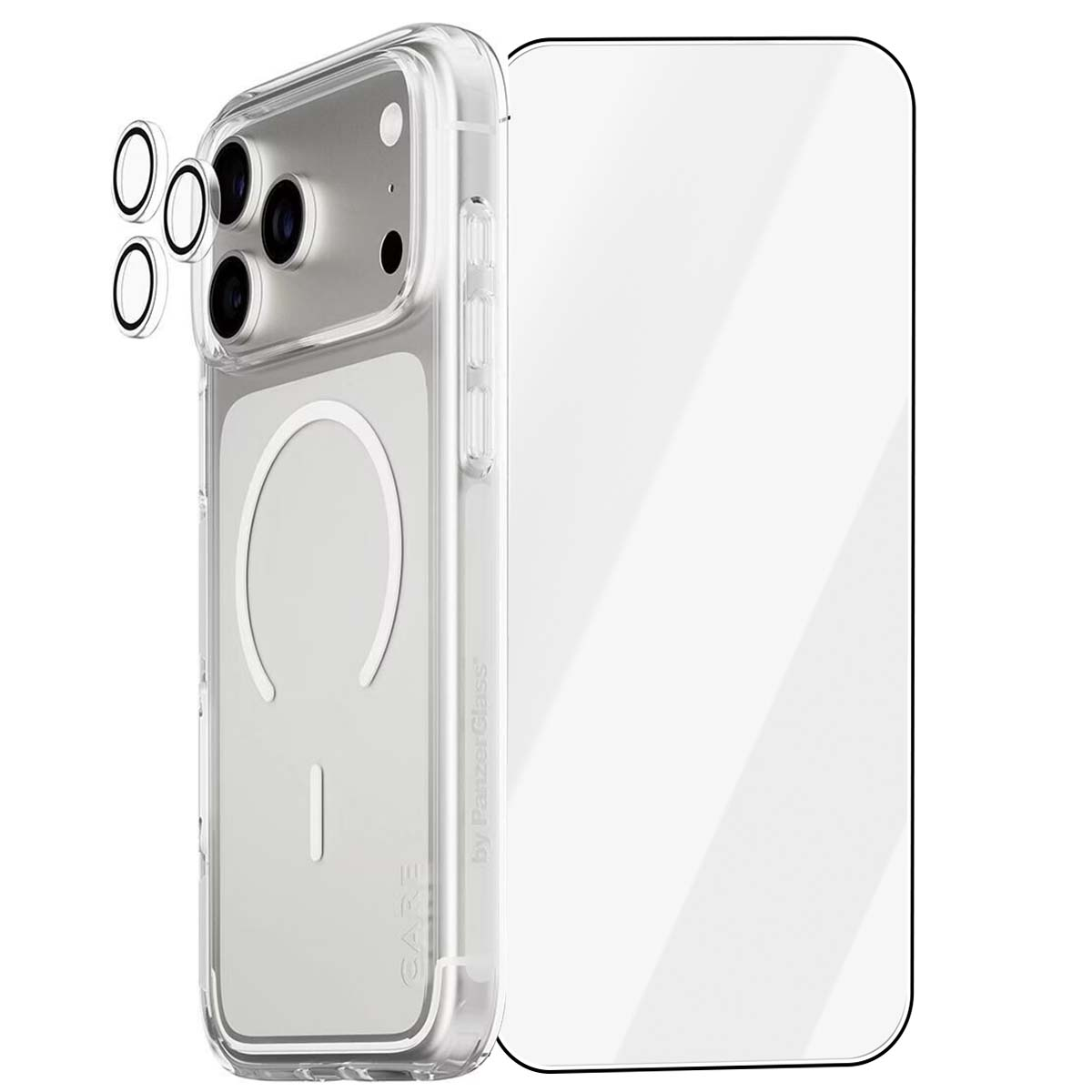 Şeffaf bir telefon kılıfı, ekran koruyucu ve kamera lens koruyucuları. Kılıf beyaz bir ana hat ve bir dikdörtgen gösterir.