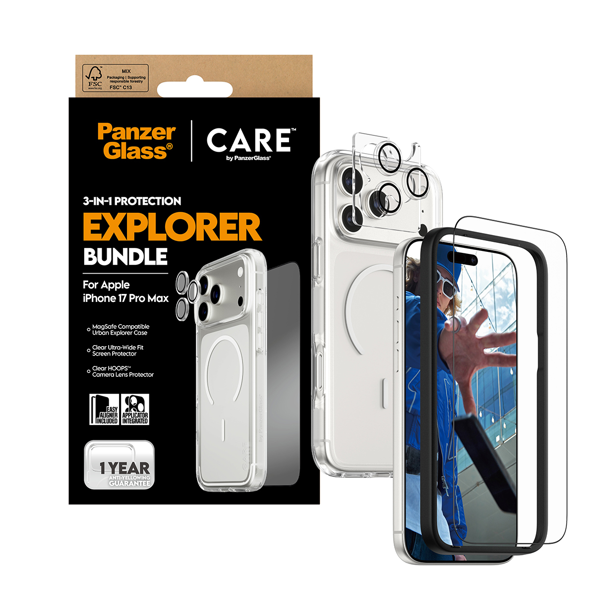 iPhone 17 Pro Max için bir kılıf ve ekran koruyucu seti. Ambalaj metin ve ürün görselleri içerir.
