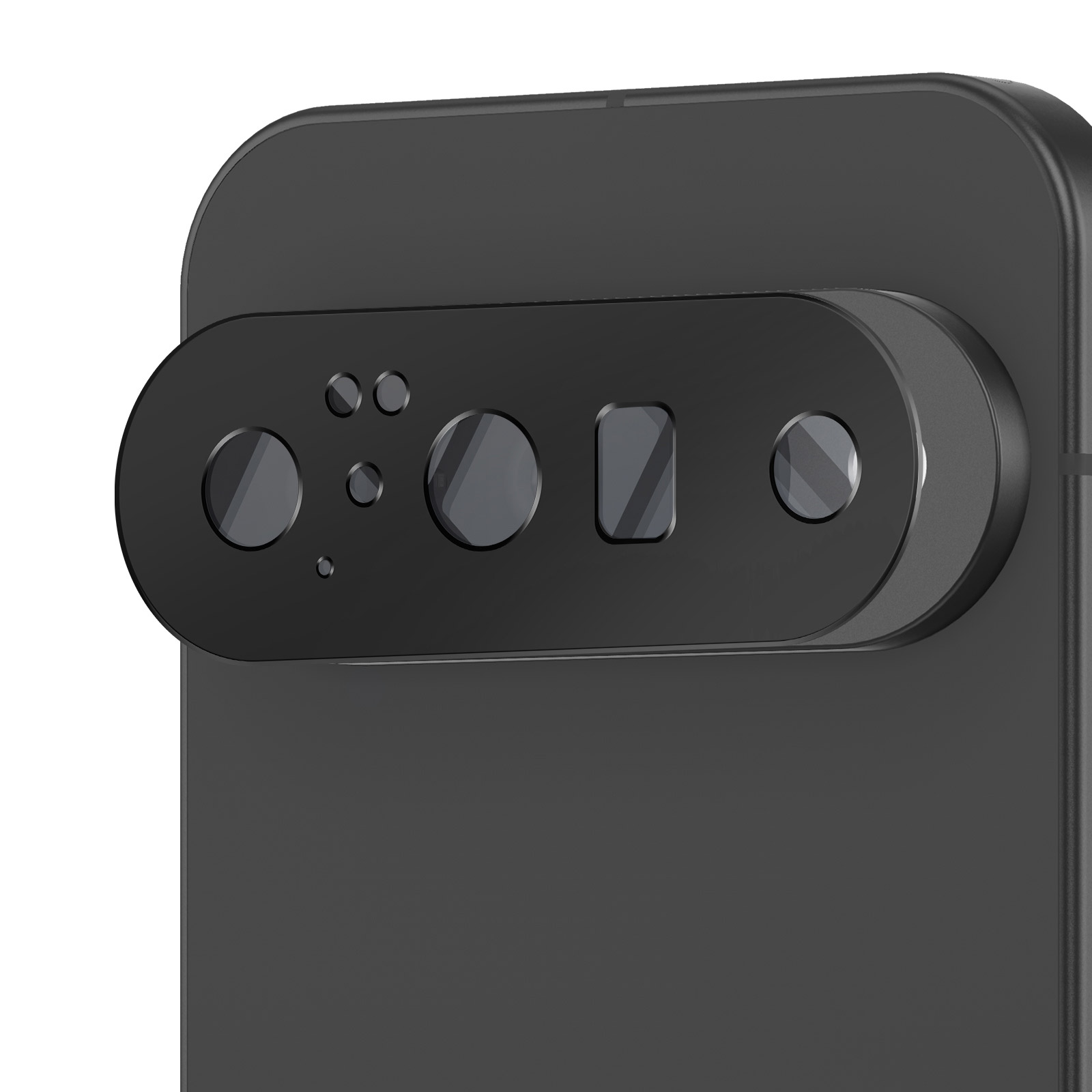 Primo piano di un telefono nero con una copertura nera per l'obiettivo della fotocamera. Diverse lenti sono visibili sulla copertura.