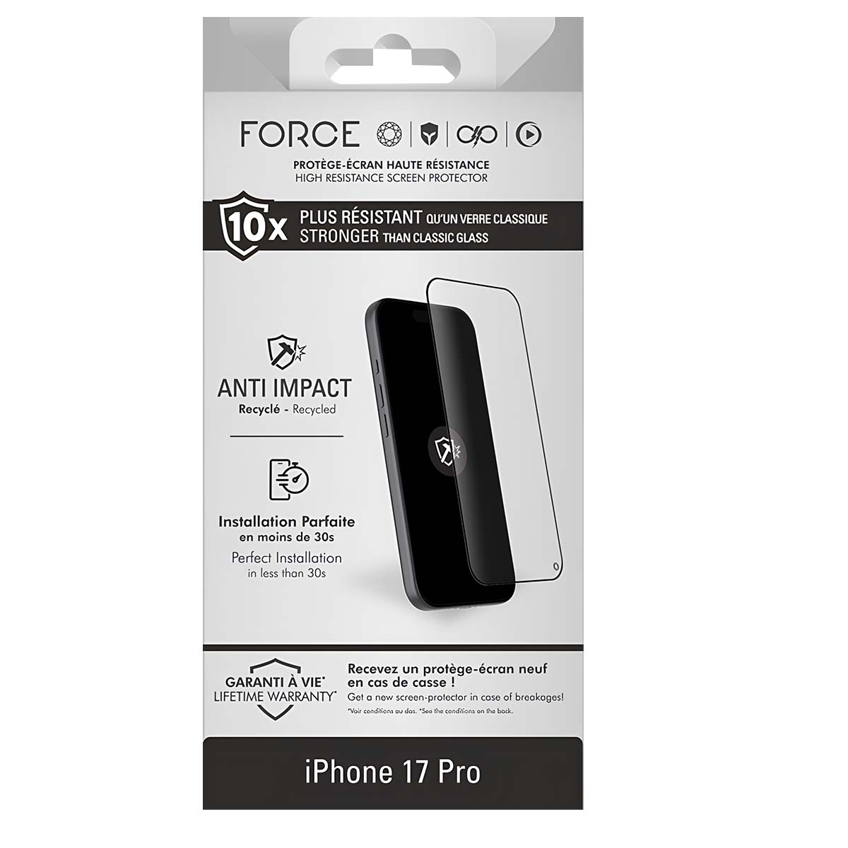Een telefoon en een schermbeschermer liggen op een witte verpakking. De tekst bevat 'FORCE', 'ANTI IMPACT' en 'iPhone 17 Pro'.