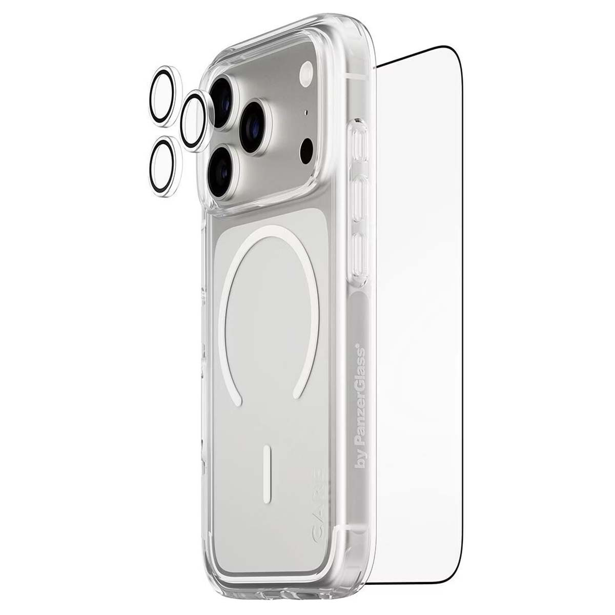 Ekran koruyucu ve kamera lens koruyucuları olan şeffaf bir telefon kılıfı. Kılıf şeffaf, ekran koruyucu beyaz.