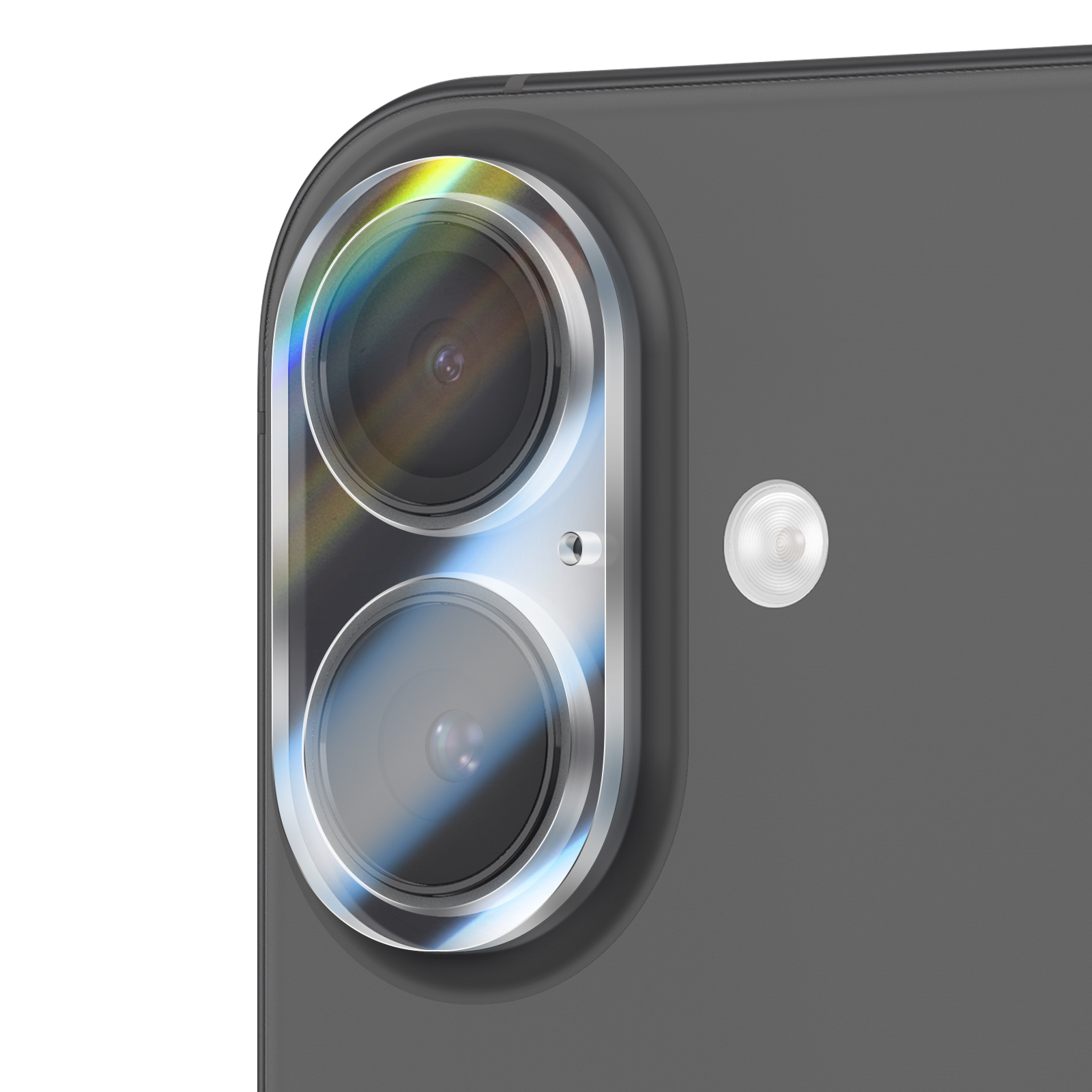 Close-up van een cameramodule van een smartphone met dubbele lenzen, een flitser en een donkergrijze achterkant.