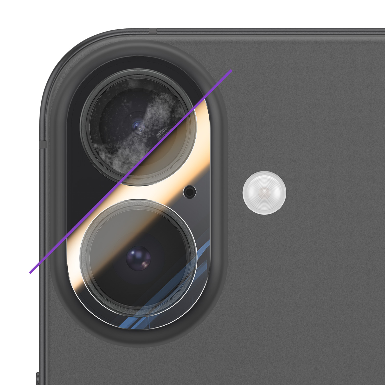 Close-up van de cameramodule van een telefoon met twee lenzen, een flitser en een paarse lijn. De telefoon is donkergrijs.