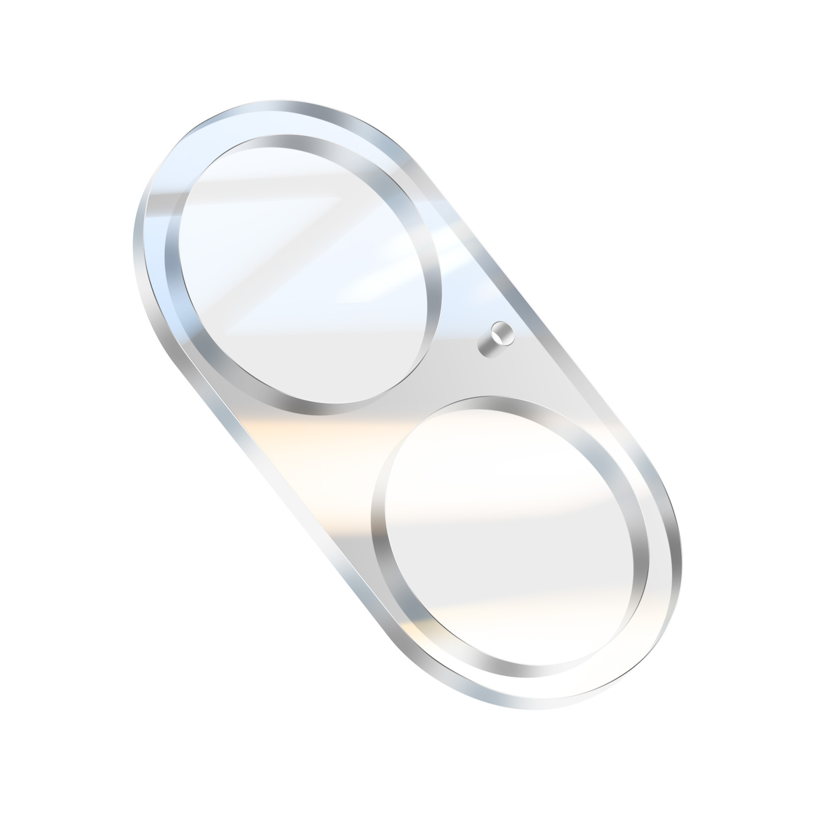 Een heldere, zilverkleurige cameralensbeschermer met twee cirkelvormige uitsparingen en een kleine metalen klinknagel.