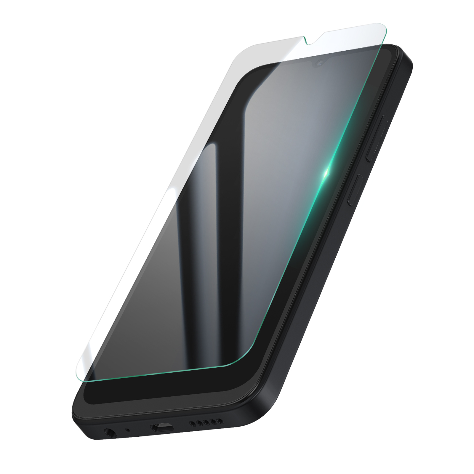 Un smartphone noir avec un protecteur d'écran appliqué. Le protecteur d'écran est transparent. Il est sur fond blanc.