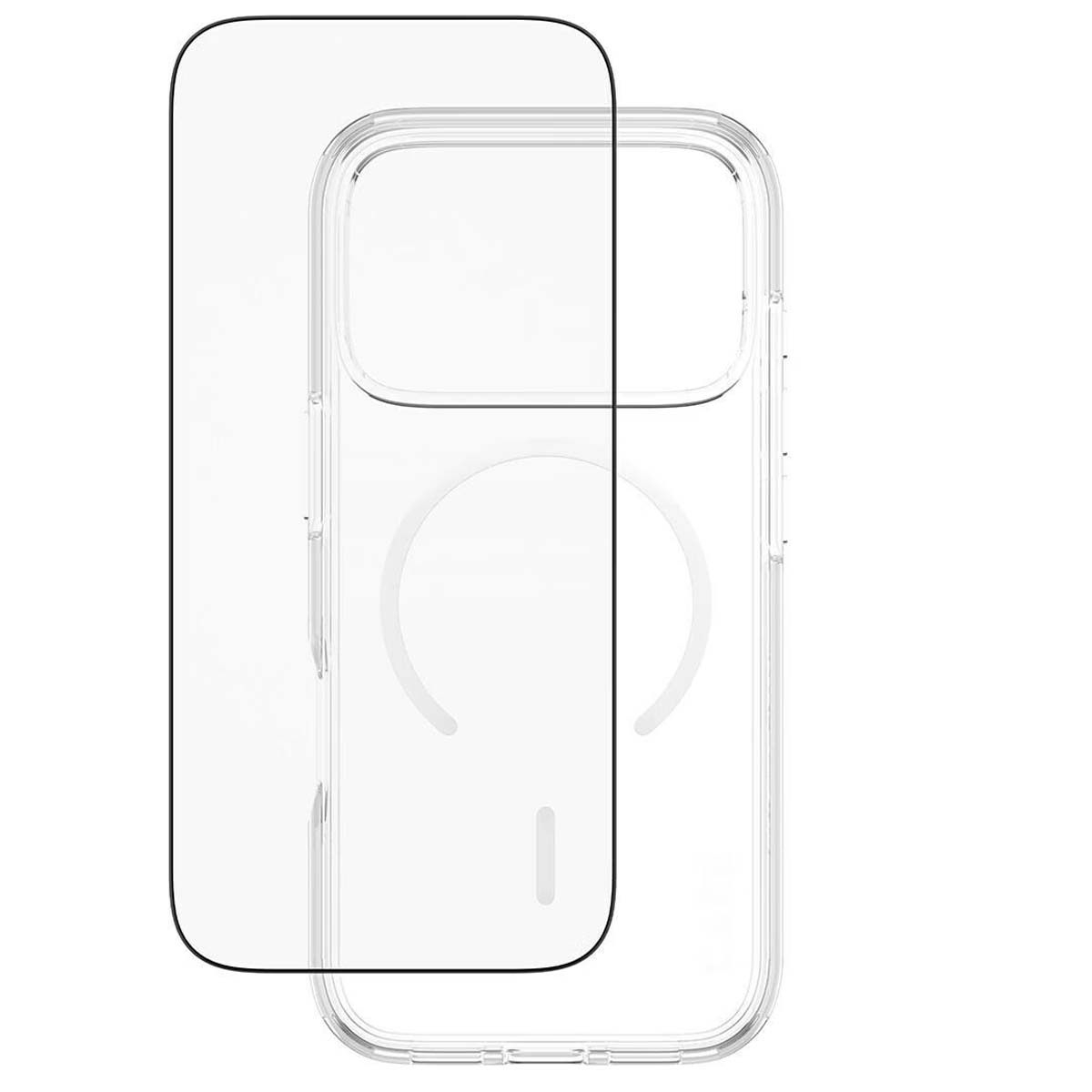 Ekran koruyuculu şeffaf bir telefon kılıfı. Kılıfın yuvarlak köşeleri ve manyetik bir halkası vardır. Ekran koruyucu dikdörtgendir.