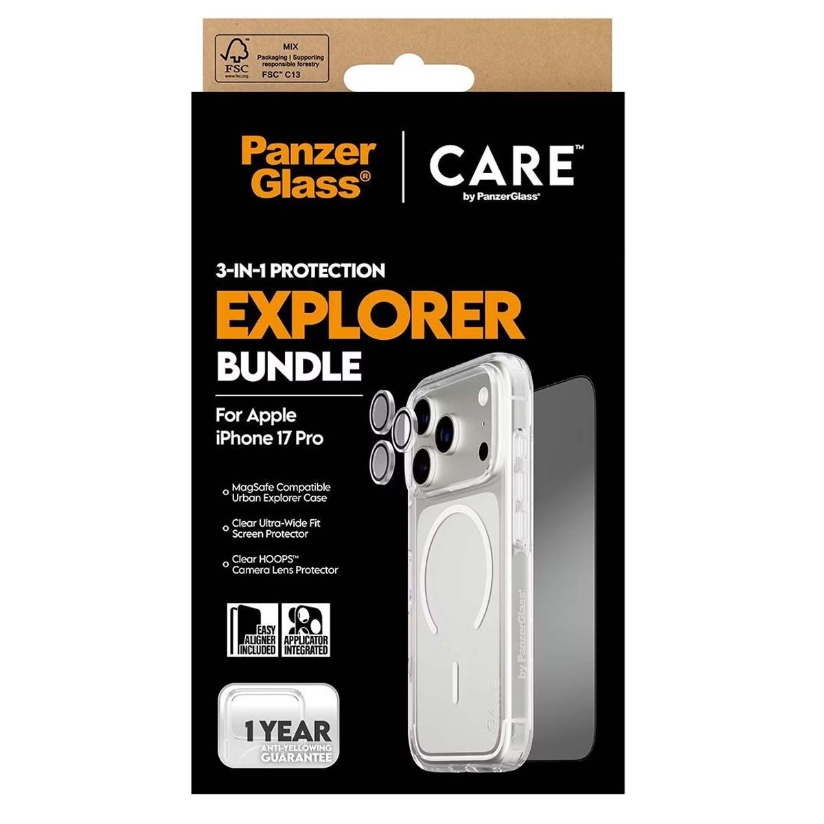 PanzerGlass markalı, iPhone 17 Pro için Explorer Bundle telefon kılıfı kutusu. Kılıf, ekran koruyucu ve lens koruyucu içerir.