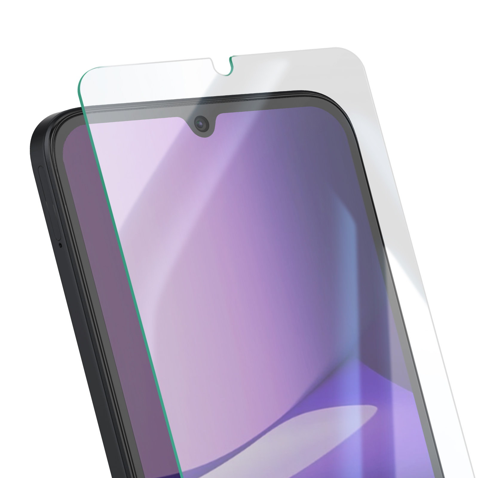 Un smartphone avec un protecteur d'écran appliqué. Le téléphone a un cadre noir et l'écran est violet.