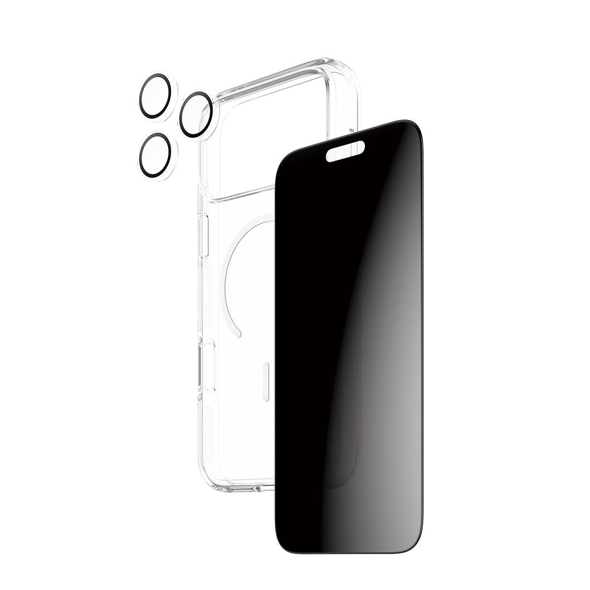 Una custodia trasparente per telefono, una protezione schermo nera e tre protezioni per lenti della fotocamera su sfondo bianco.
