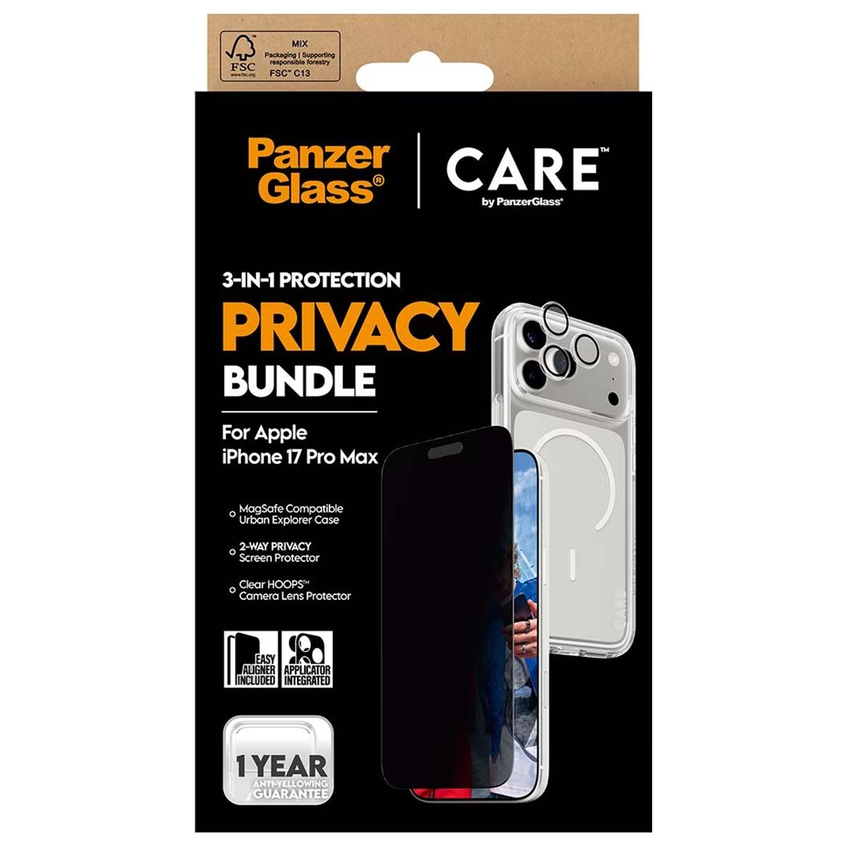 Scatola nera con testo sul pacchetto privacy PanzerGlass per iPhone. Mostra telefono, protezione schermo e custodia. 1 anno di garanzia.