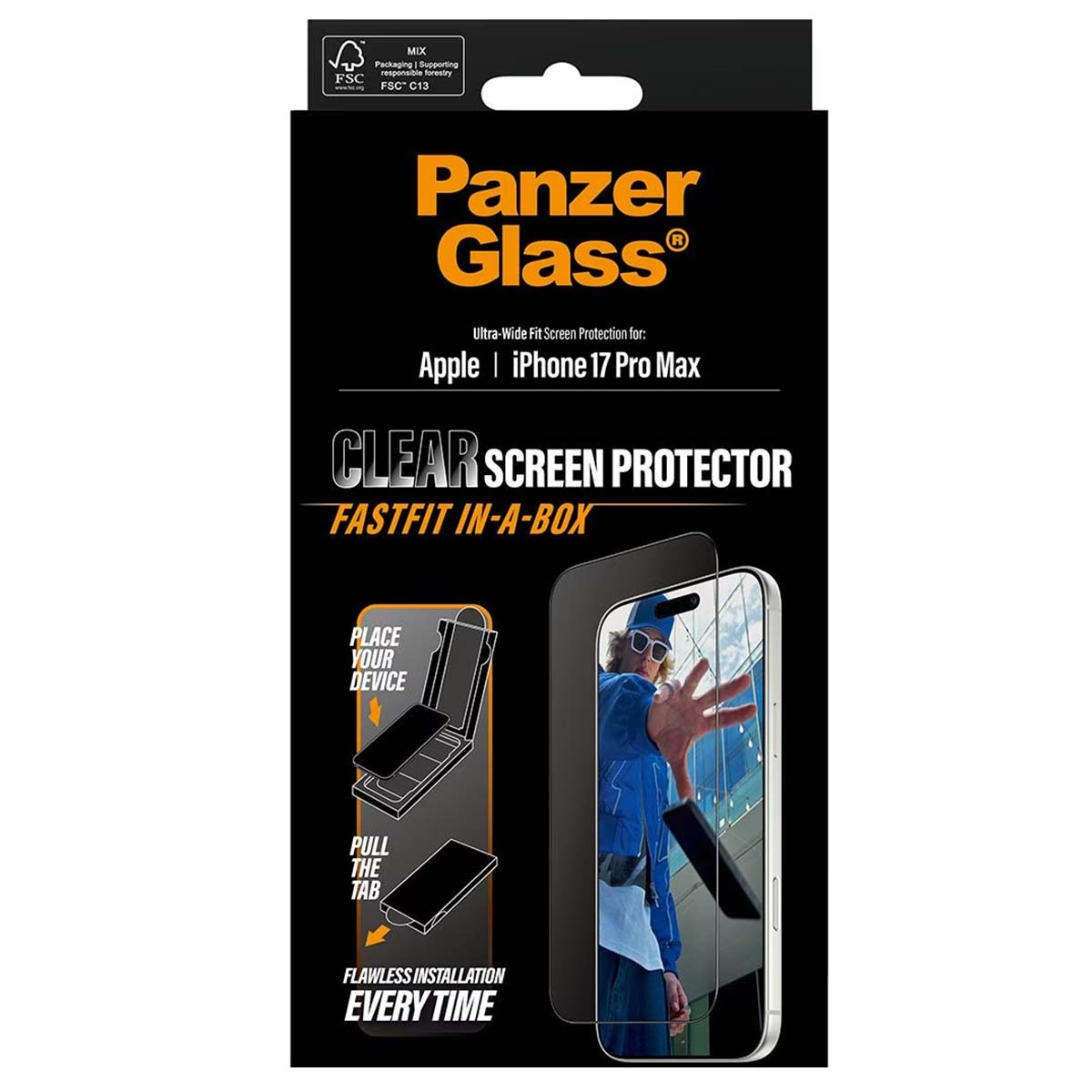 Panzer Glass ekran koruyucu kutusu. Apple iPhone 17 Pro Max, şeffaf ekran koruyucu, hızlı montaj ve kurulum adımlarını içerir.
