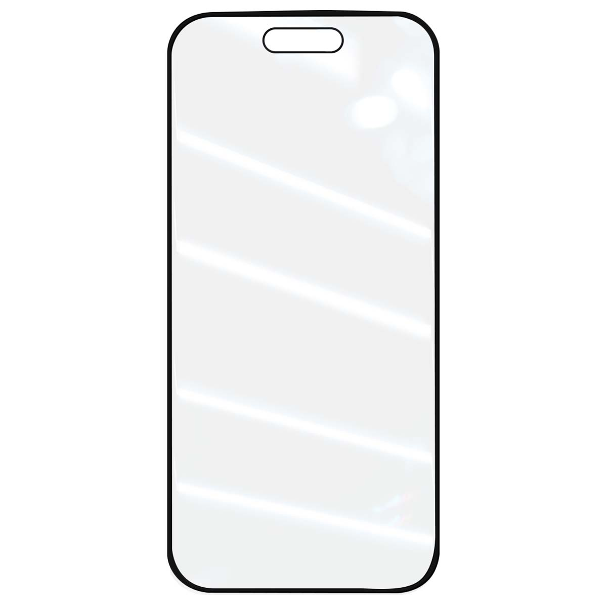 Un protecteur d'écran transparent pour smartphone. Il a un bord noir et une découpe pour la caméra frontale. Le fond est blanc.