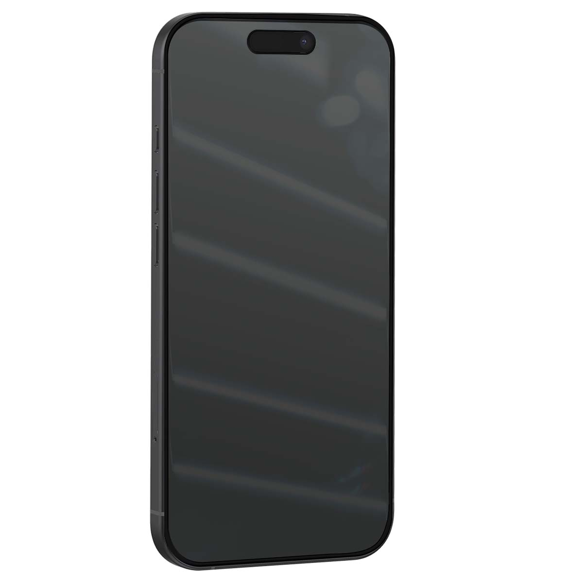 Un smartphone gris foncé est montré. L'écran est noir et il y a une caméra en haut. Le téléphone a des bords arrondis.