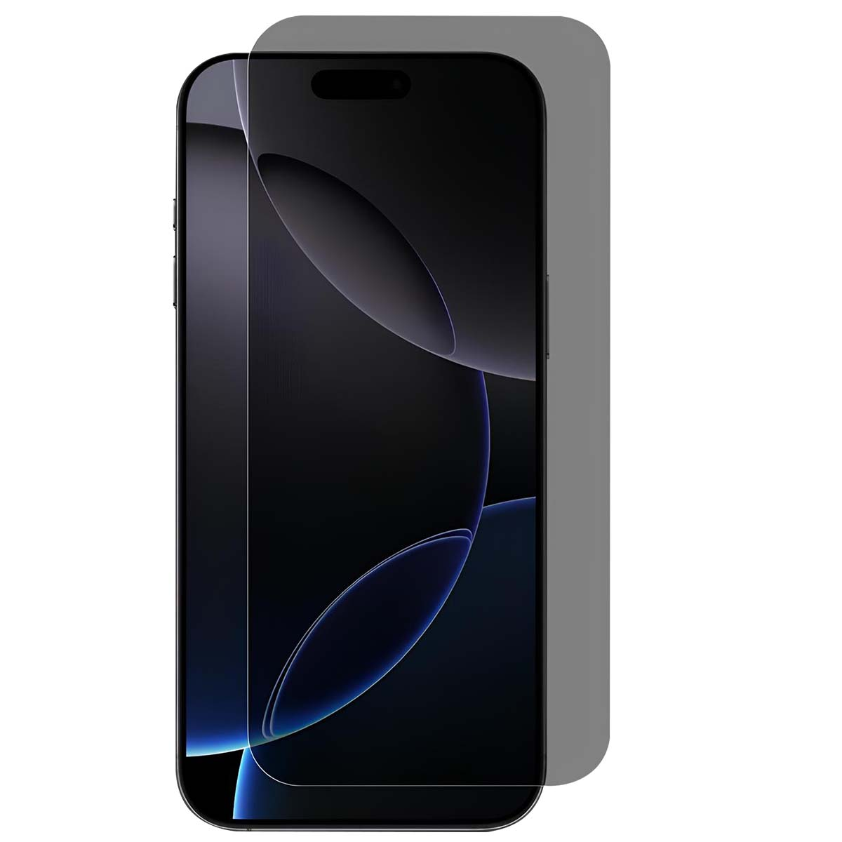 Uno smartphone con una protezione per lo schermo applicata. Il telefono è nero con uno schermo che mostra forme astratte. C'è una protezione grigia sopra.