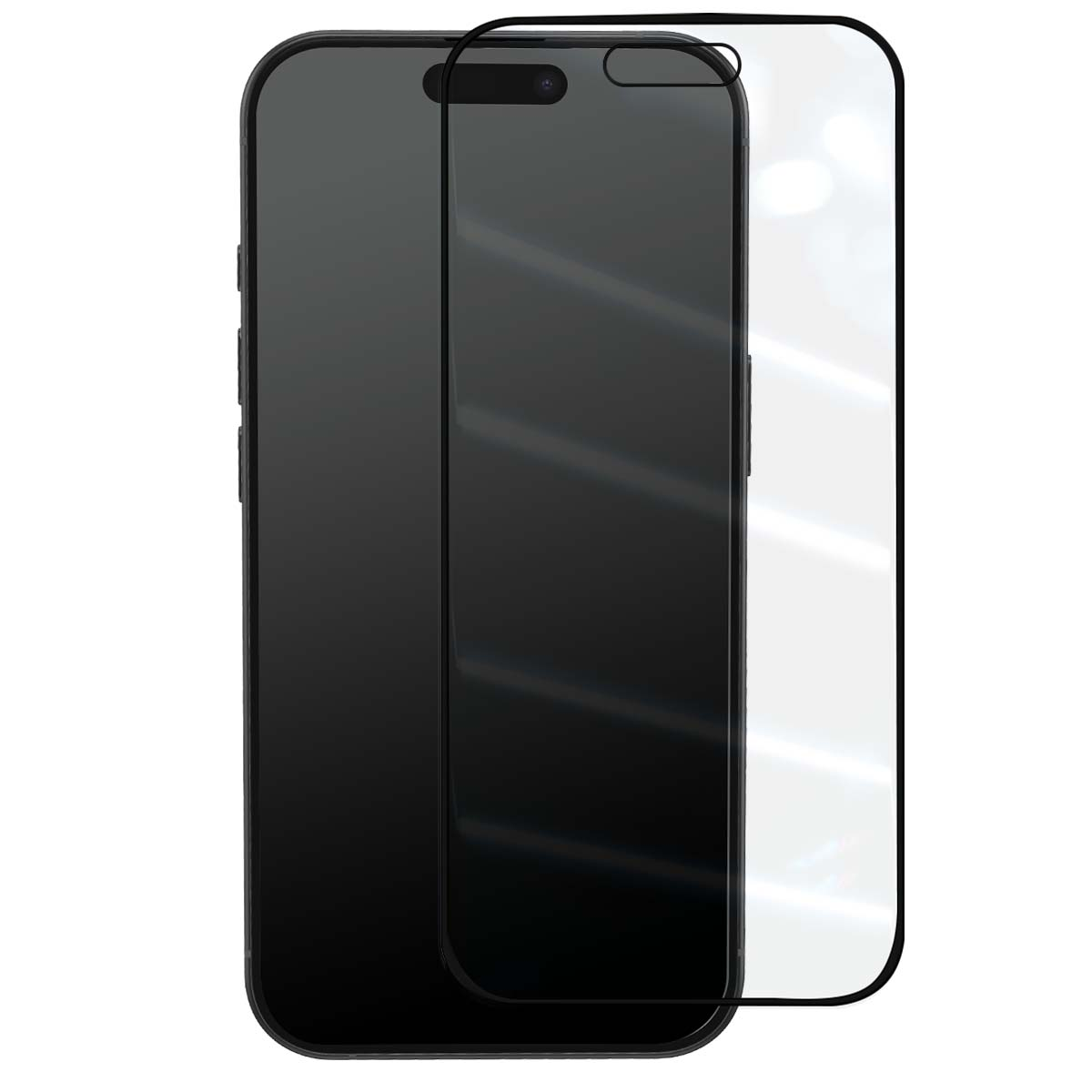 Un smartphone avec un protecteur d'écran appliqué. Le téléphone est noir avec une découpe pour la caméra en haut. Le protecteur est clair.