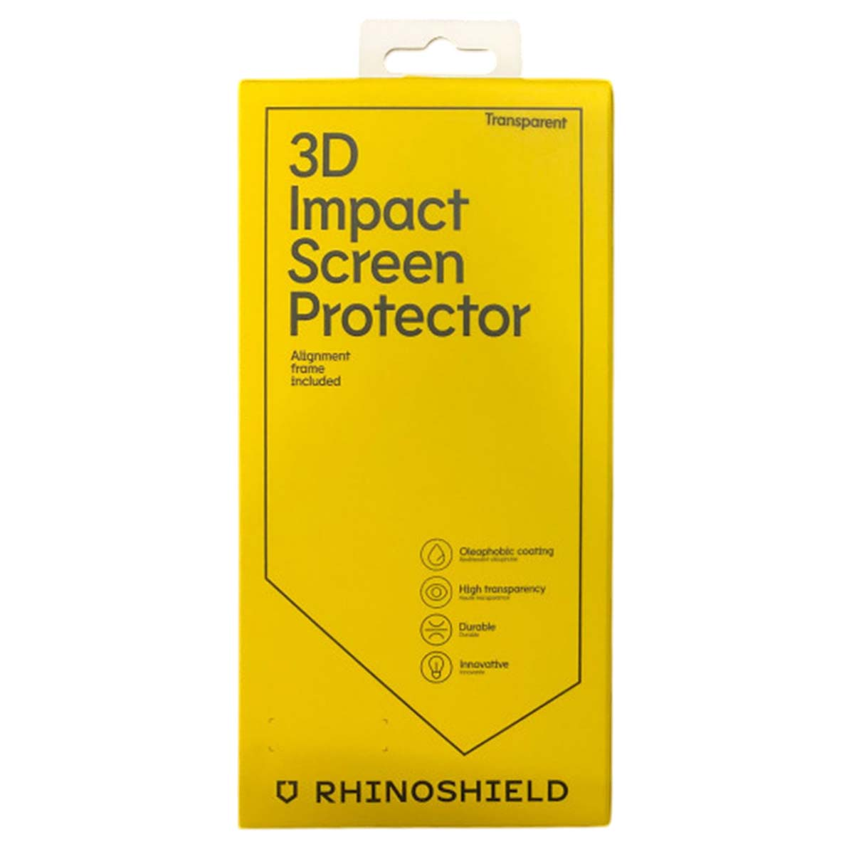Boîte jaune avec texte '3D Impact Screen Protector'. Icônes de fonctionnalités incluses. Marque 'RHINOSHIELD' en bas.