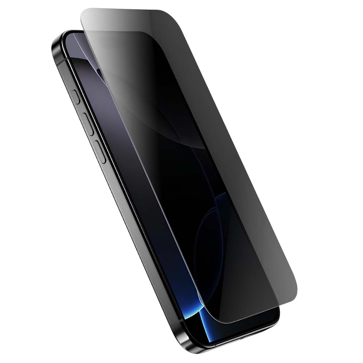Un smartphone noir avec un protecteur d'écran de confidentialité. Le protecteur est légèrement soulevé.