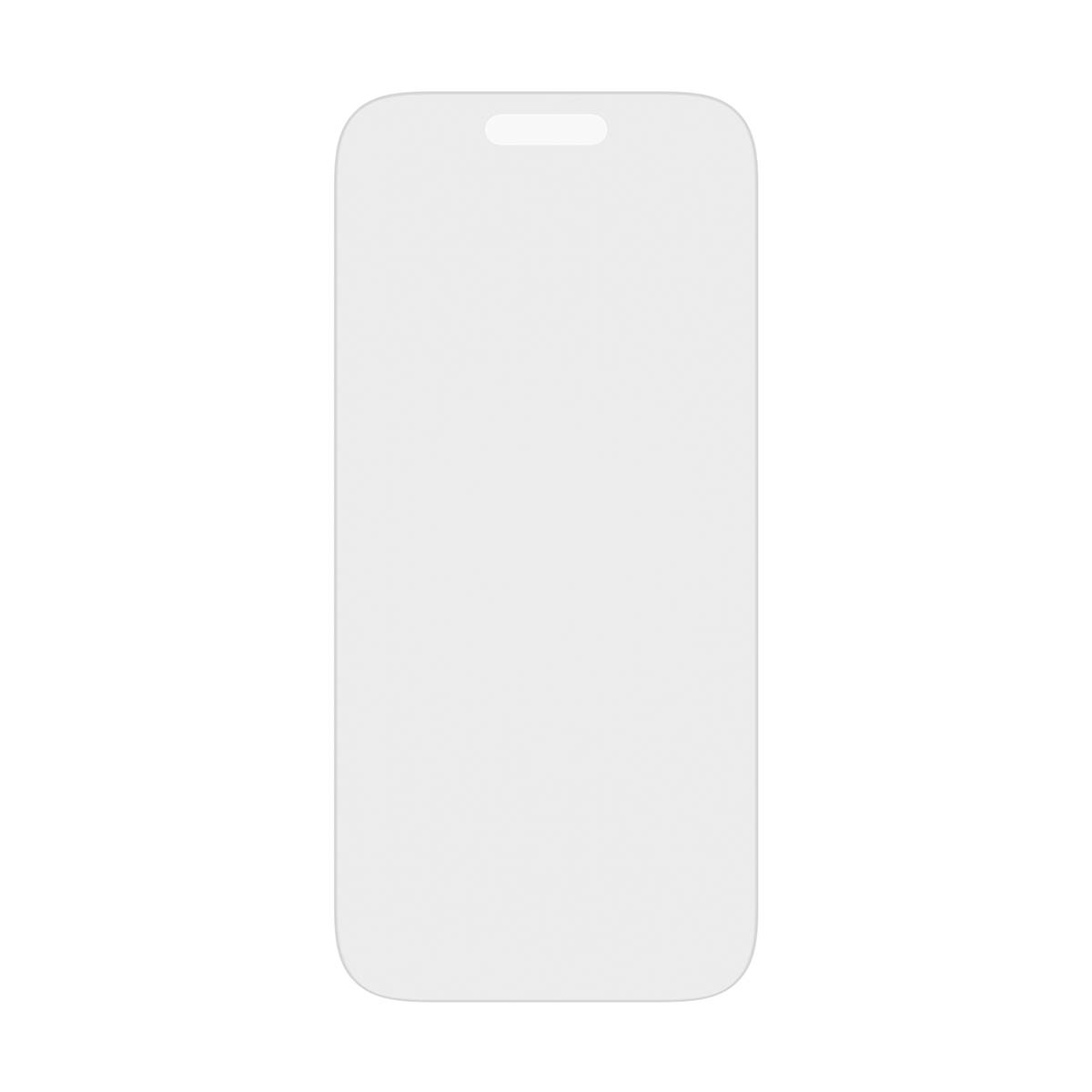Un protecteur d'écran blanc pour un téléphone. Il a des coins arrondis et une découpe en haut pour la caméra et les capteurs.