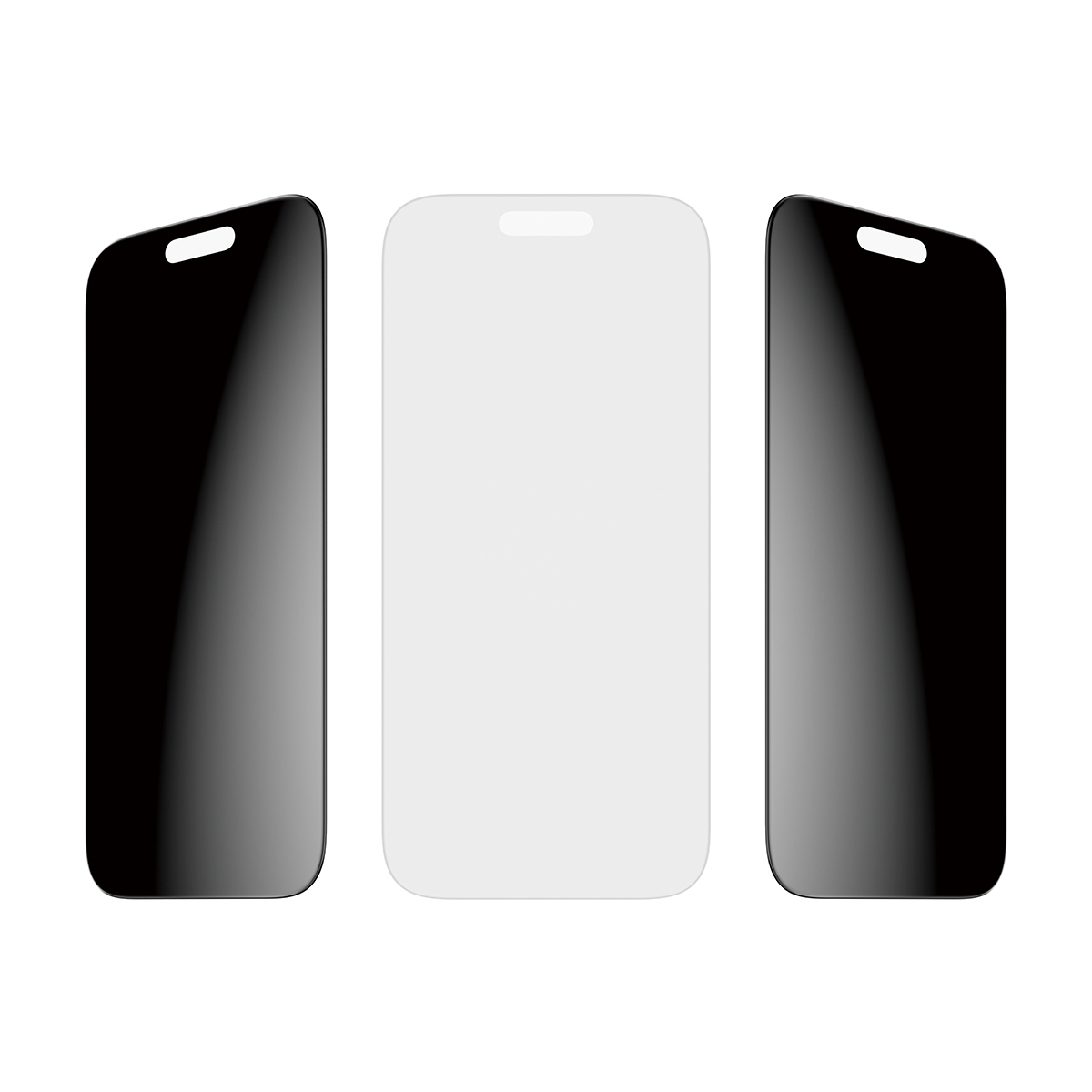 Trois protecteurs d'écran pour smartphone. Deux noirs, un blanc, tous avec une encoche en haut. Sur fond blanc.