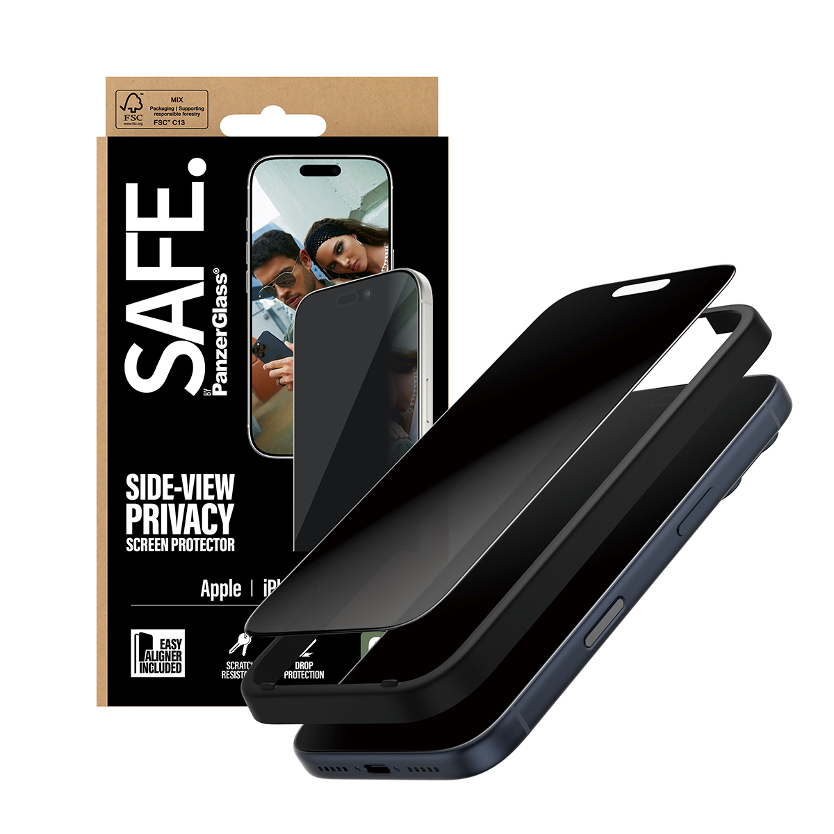Un protecteur d'écran et un étui pour téléphone sont affichés. L'emballage montre un téléphone avec des personnes à l'écran. Le protecteur est noir.