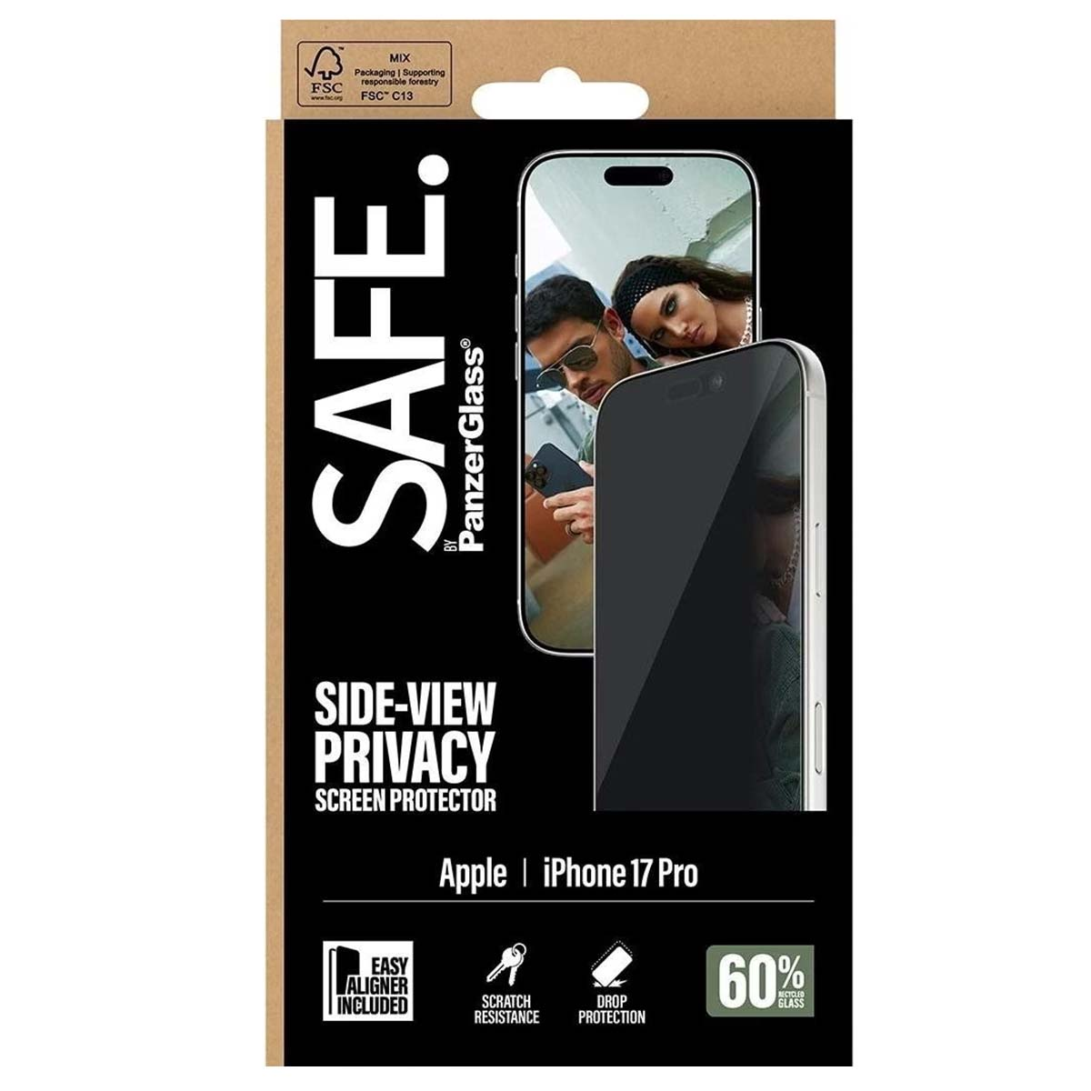 Emballage de protection d'écran pour iPhone 17 Pro. Comprend confidentialité latérale, résistance aux rayures et protection contre les chutes.