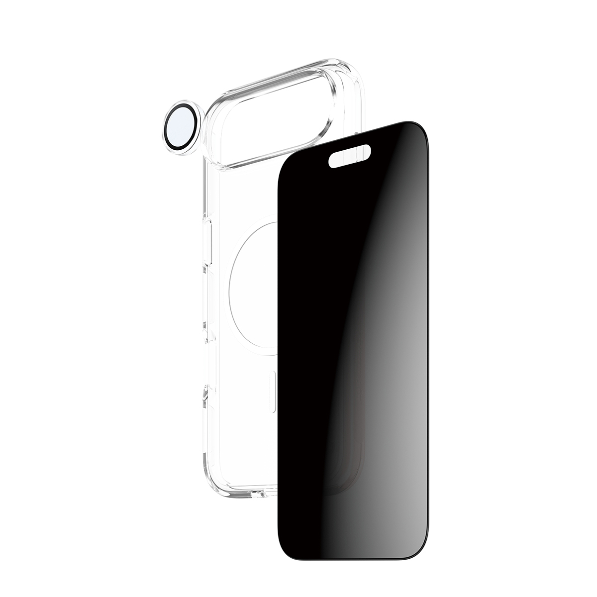 Viene mostrata una custodia trasparente per telefono con una protezione per lo schermo nera. La custodia ha un ritaglio per l'obiettivo della fotocamera. Lo sfondo è bianco.