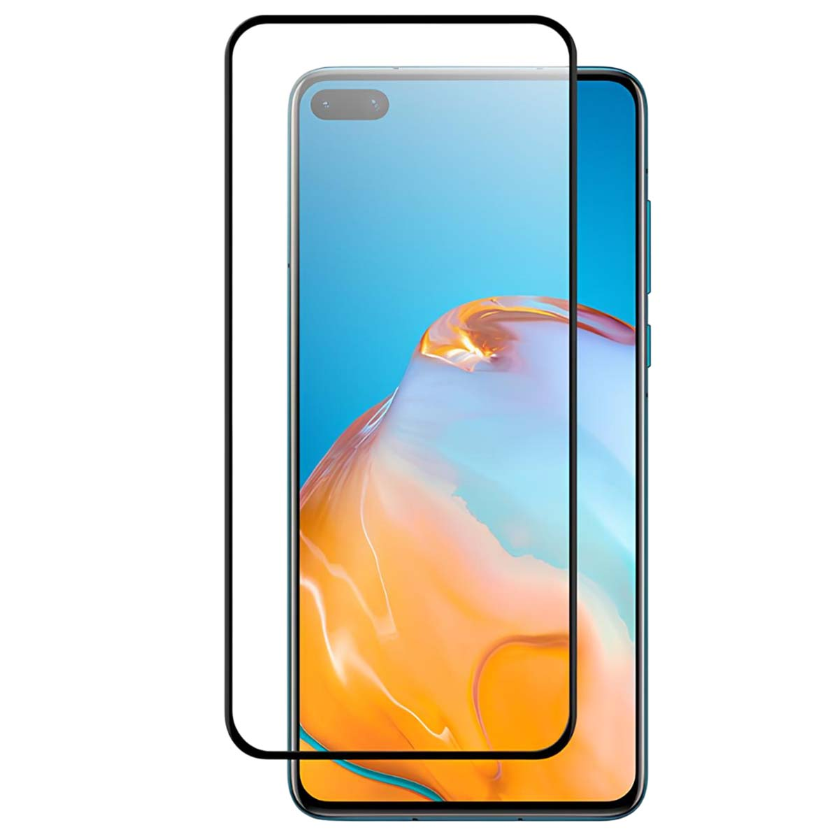 Un smartphone avec un protecteur d'écran. Le téléphone a un dessus bleu et un bas orange, avec un protecteur de bord noir.
