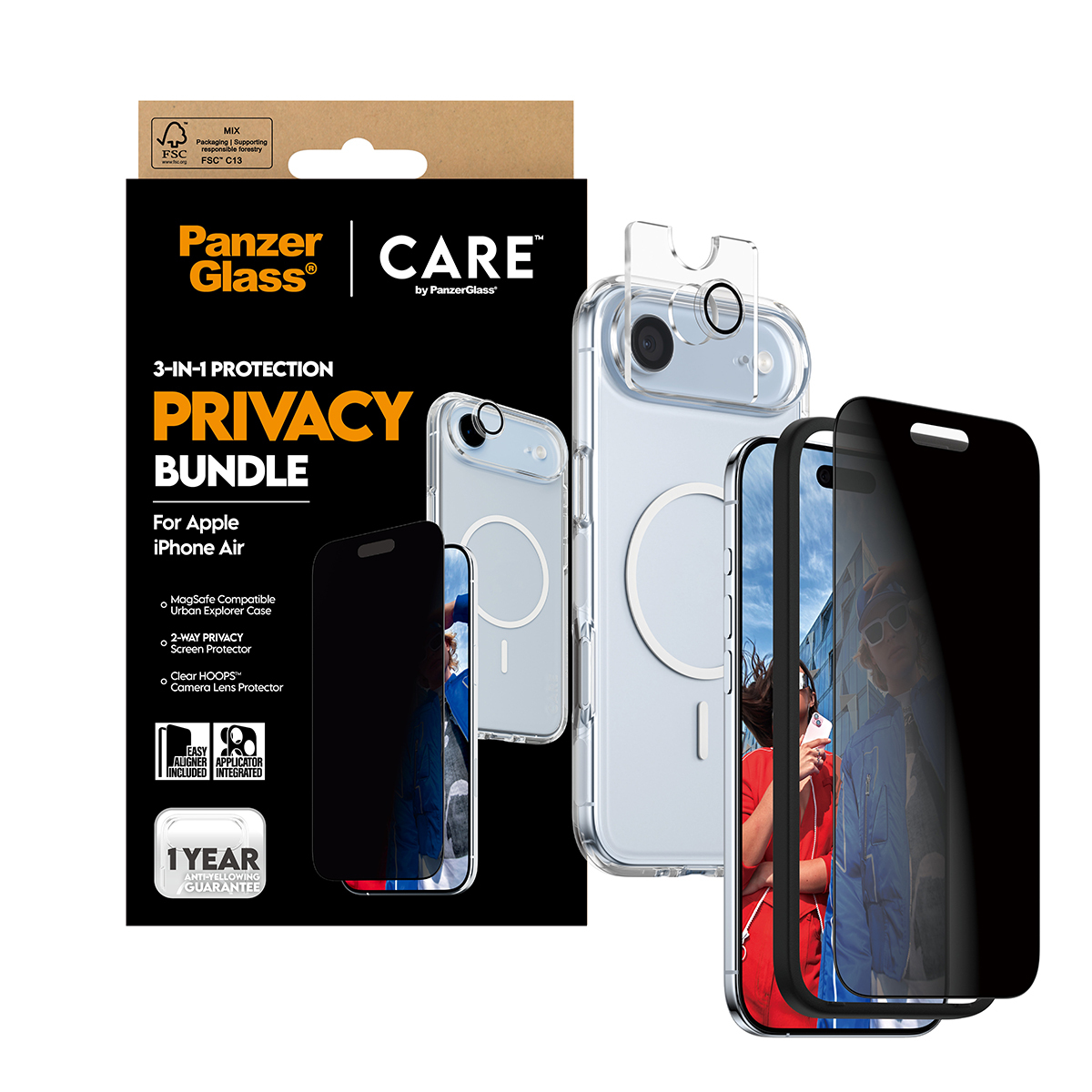 Confezione del prodotto con custodia per telefono, protezione schermo e protezione obiettivo. La confezione è nera e gialla con testo e immagini.